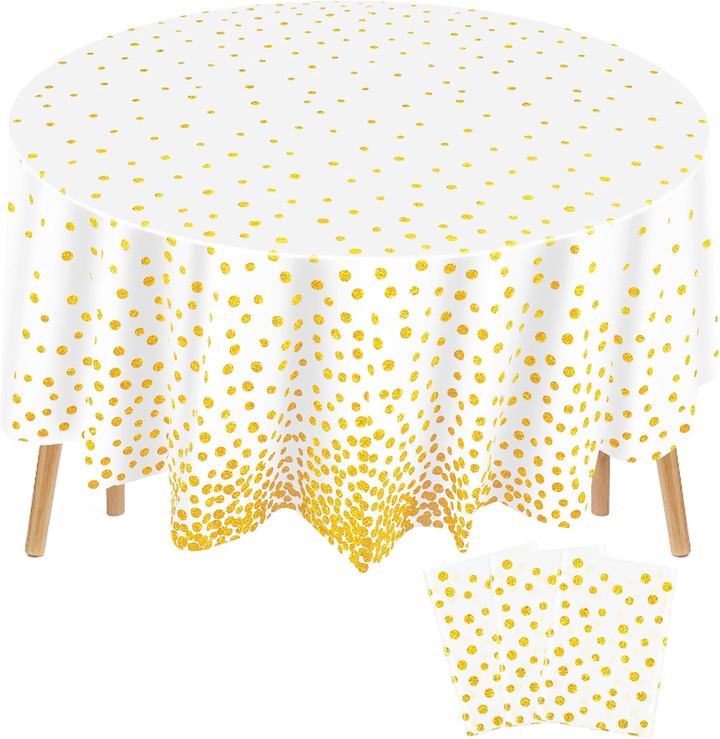 Newwiee 84 Inch Round Dot Tablecloth 3 Pcs White Gold Dots