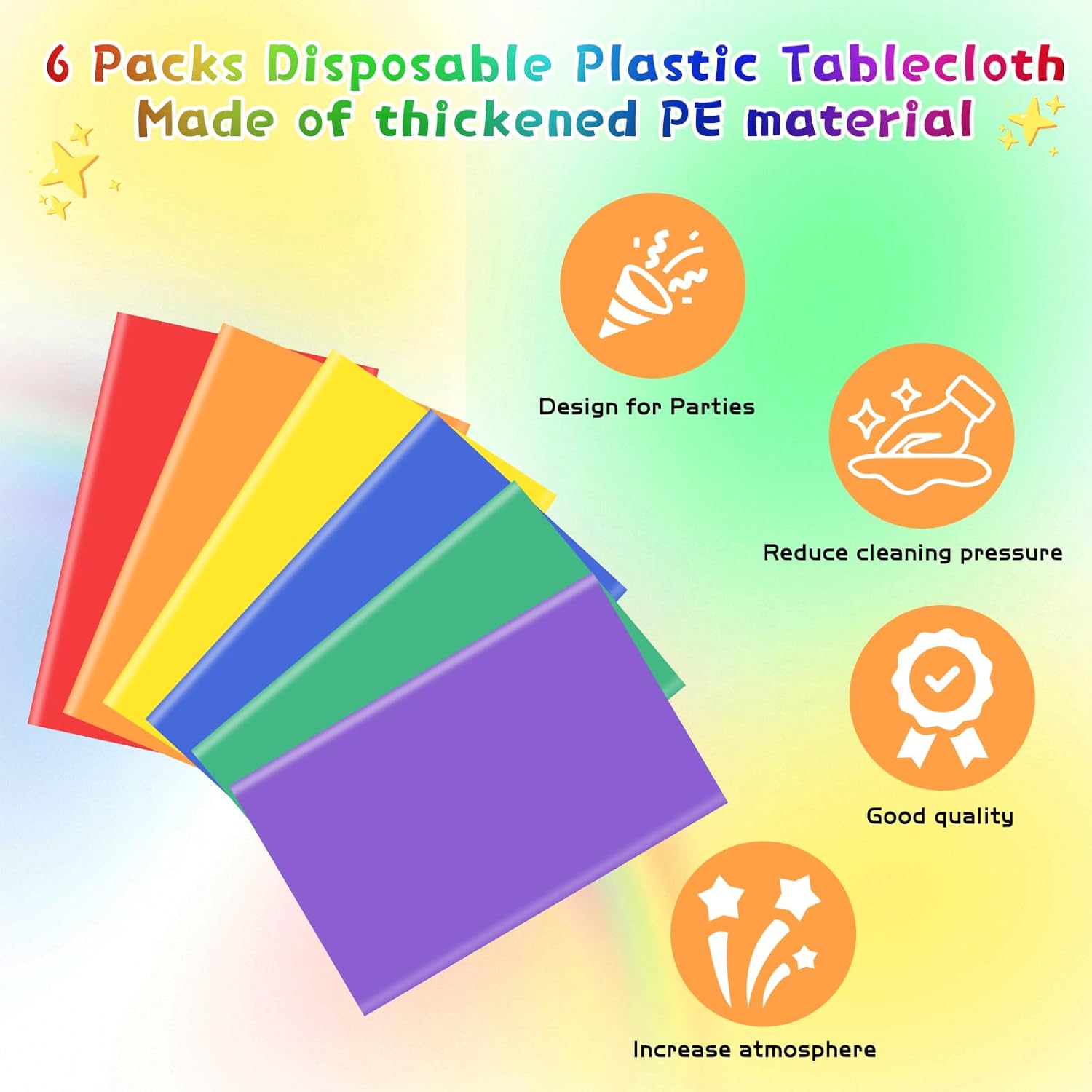 6Pcs Rainbow Neon Plastic Tablecloths Set 54x72 Inch