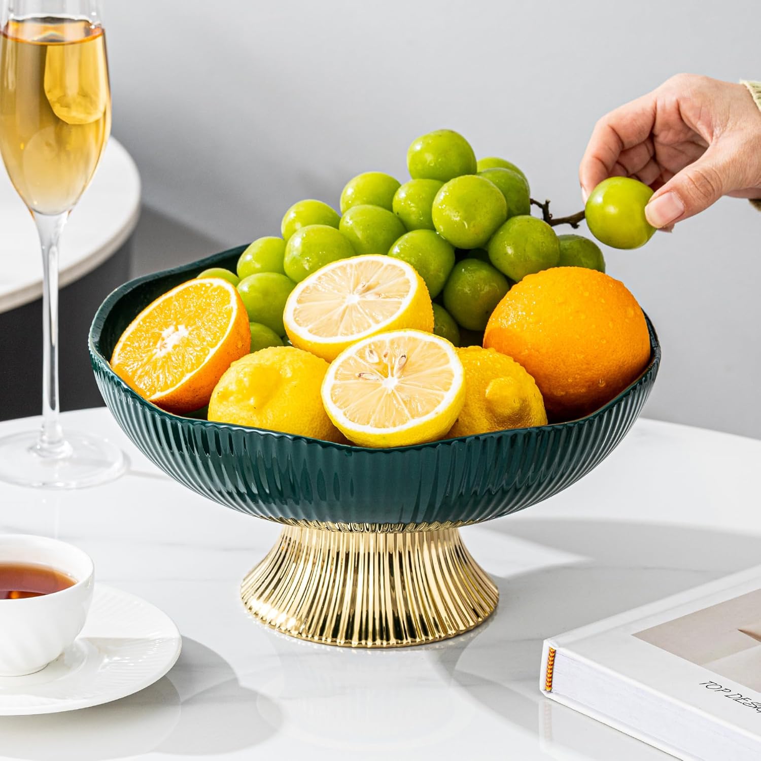 Ceramic Fruit Bowl with Golden Feet 10 Inch Pedestal Design