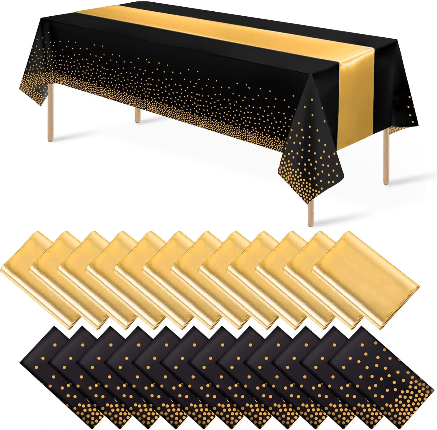24Pack Black Gold Dot Tablecloths and Satin Table Runner Set