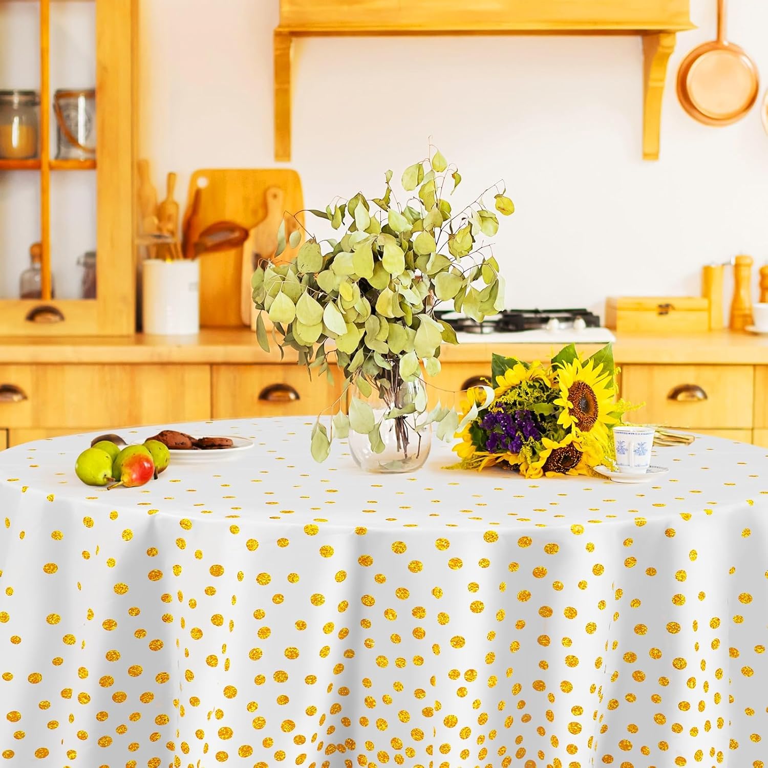 Newwiee 84 Inch Round Dot Tablecloth 3 Pcs White Gold Dots