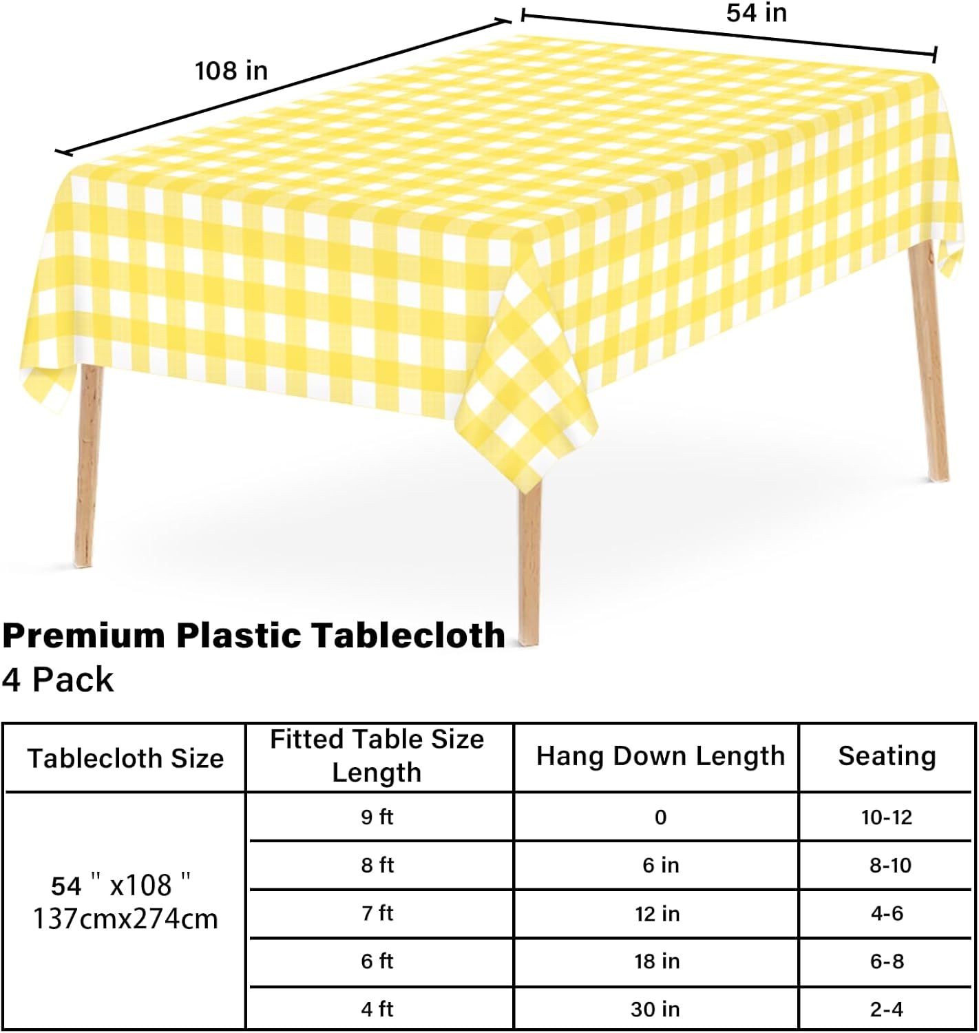 4 Pcs Yellow Checkered Tablecloth 54x108 Inches Rectangle Gingham Table Cover for Outdoor Picnic and Birthday Party