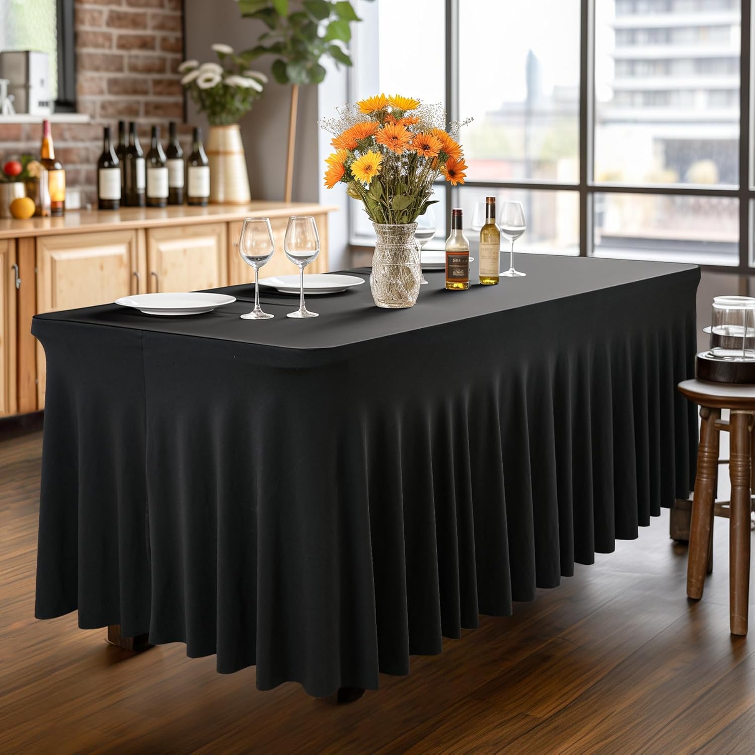 Wish Care 2 Pack Black Spandex Tablecloths - Fitted 6ft Rectangle for Events