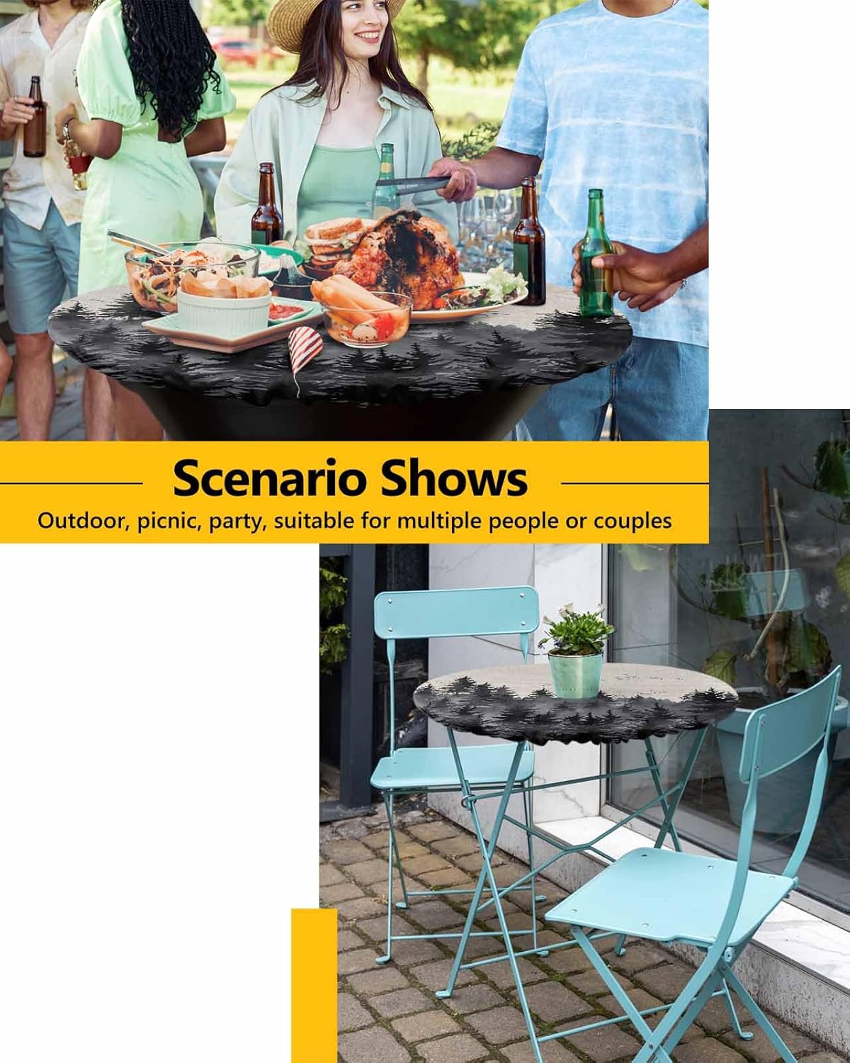 Forest Birds Round Waterproof Table Cover Fitted Elastic Tablecloth for Indoor Outdoor Use