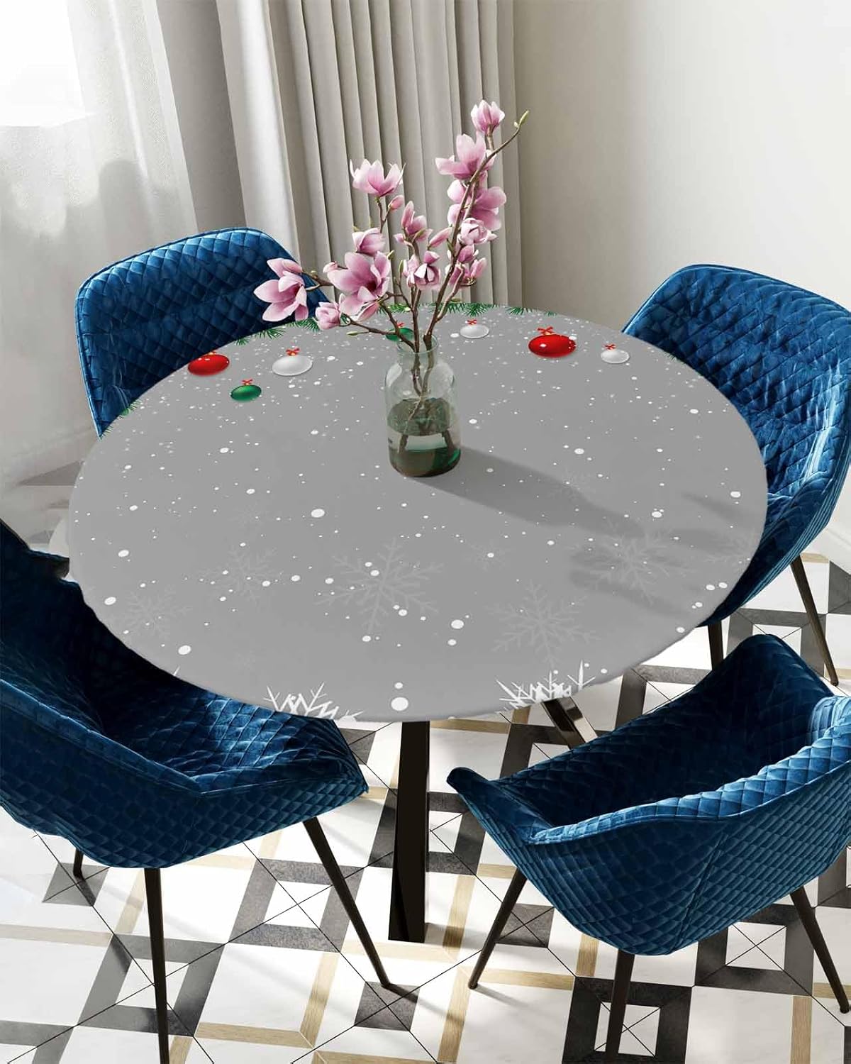 Grey Christmas Round Waterproof Table Cover Fitted Tablecloth