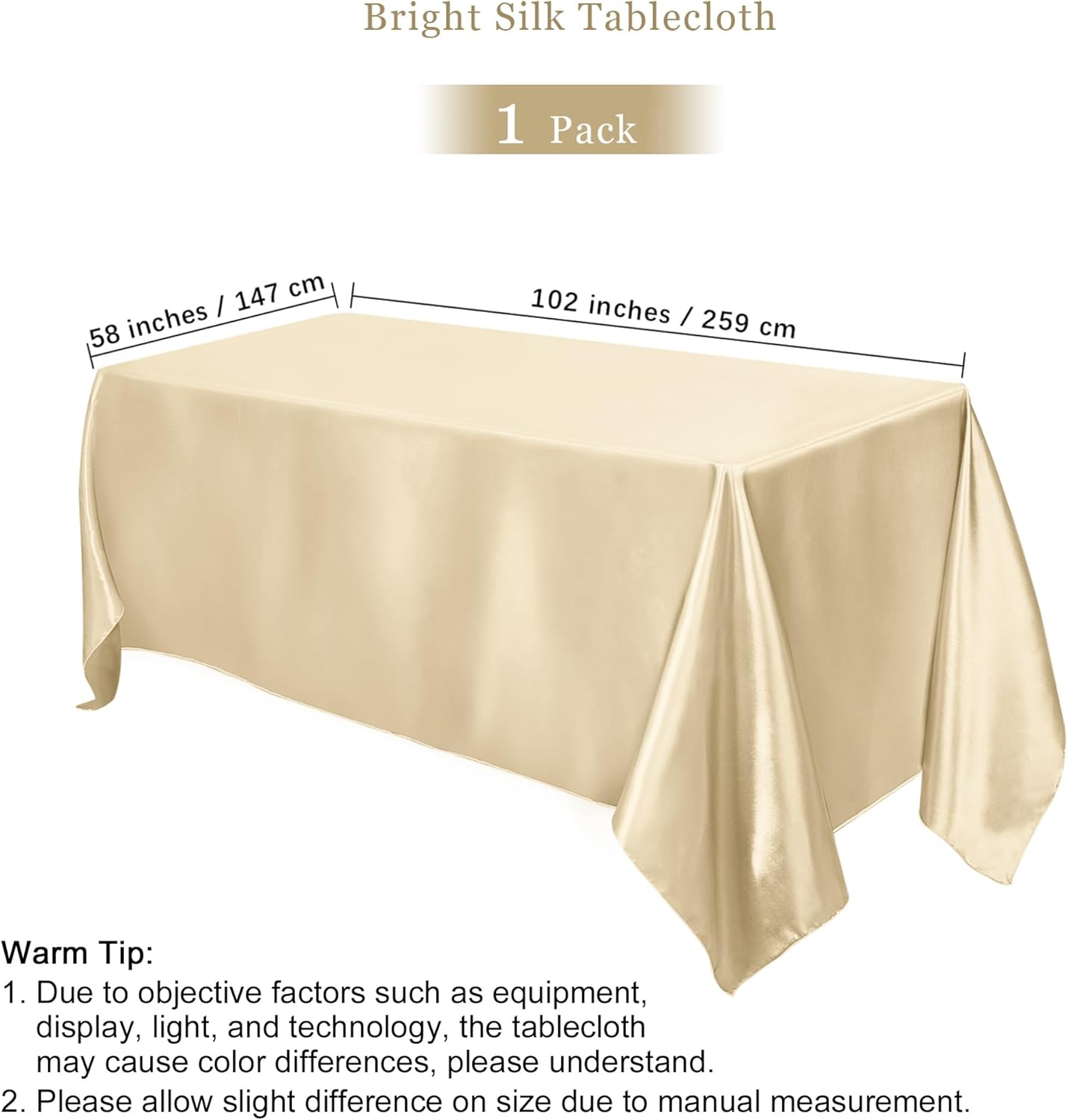 TURSTIN Champagne Satin Tablecloth 102 x 58 Inch Overlay Decor
