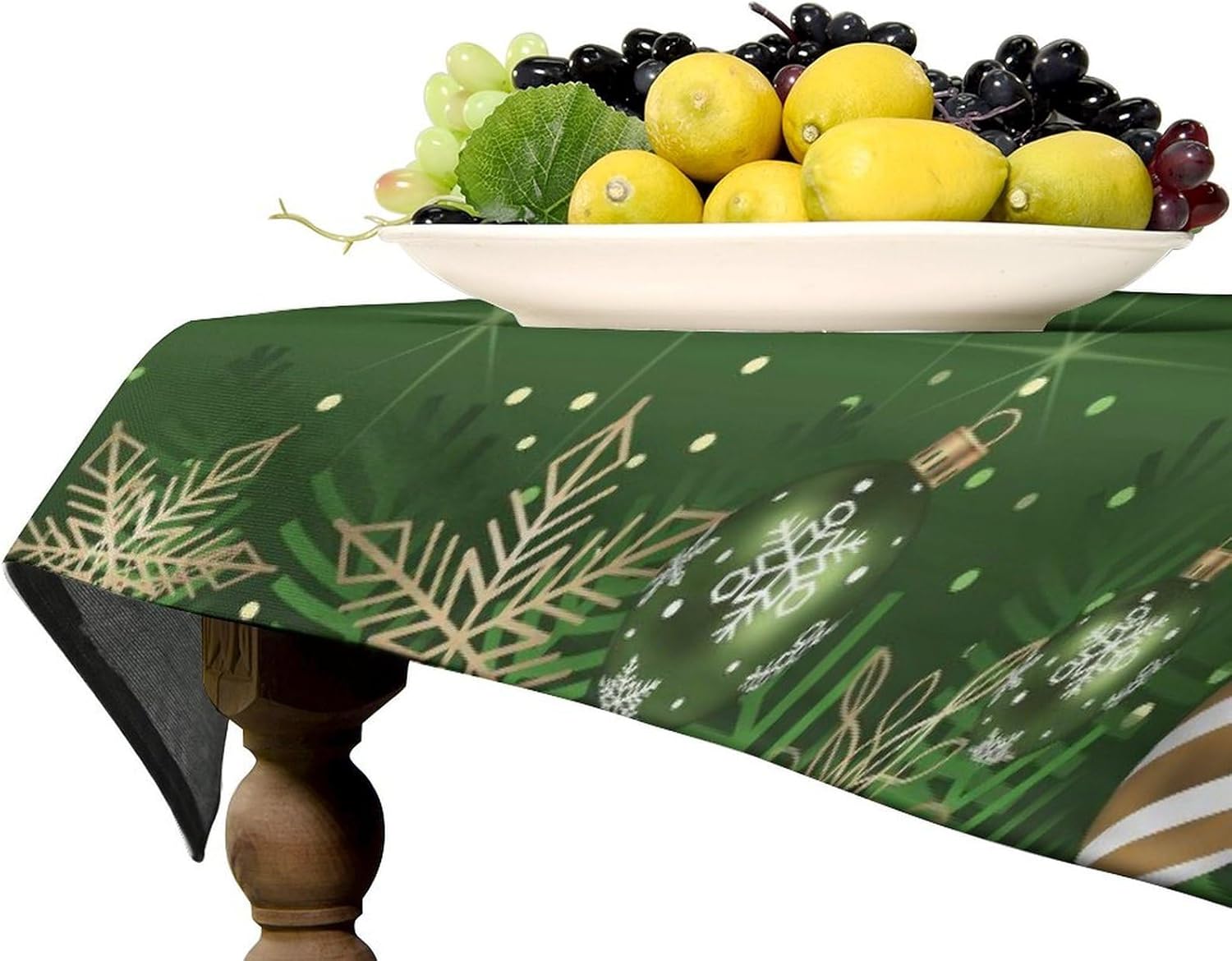 Christmas Ball Rectangular Tablecloth with Green Baubles Snowflake Pattern