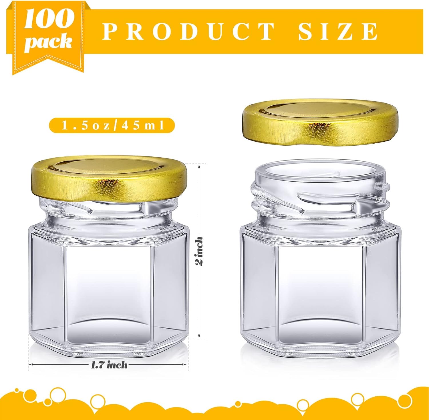 Nuogo 100 Pack Mini Hexagon Glass Jars with Lids