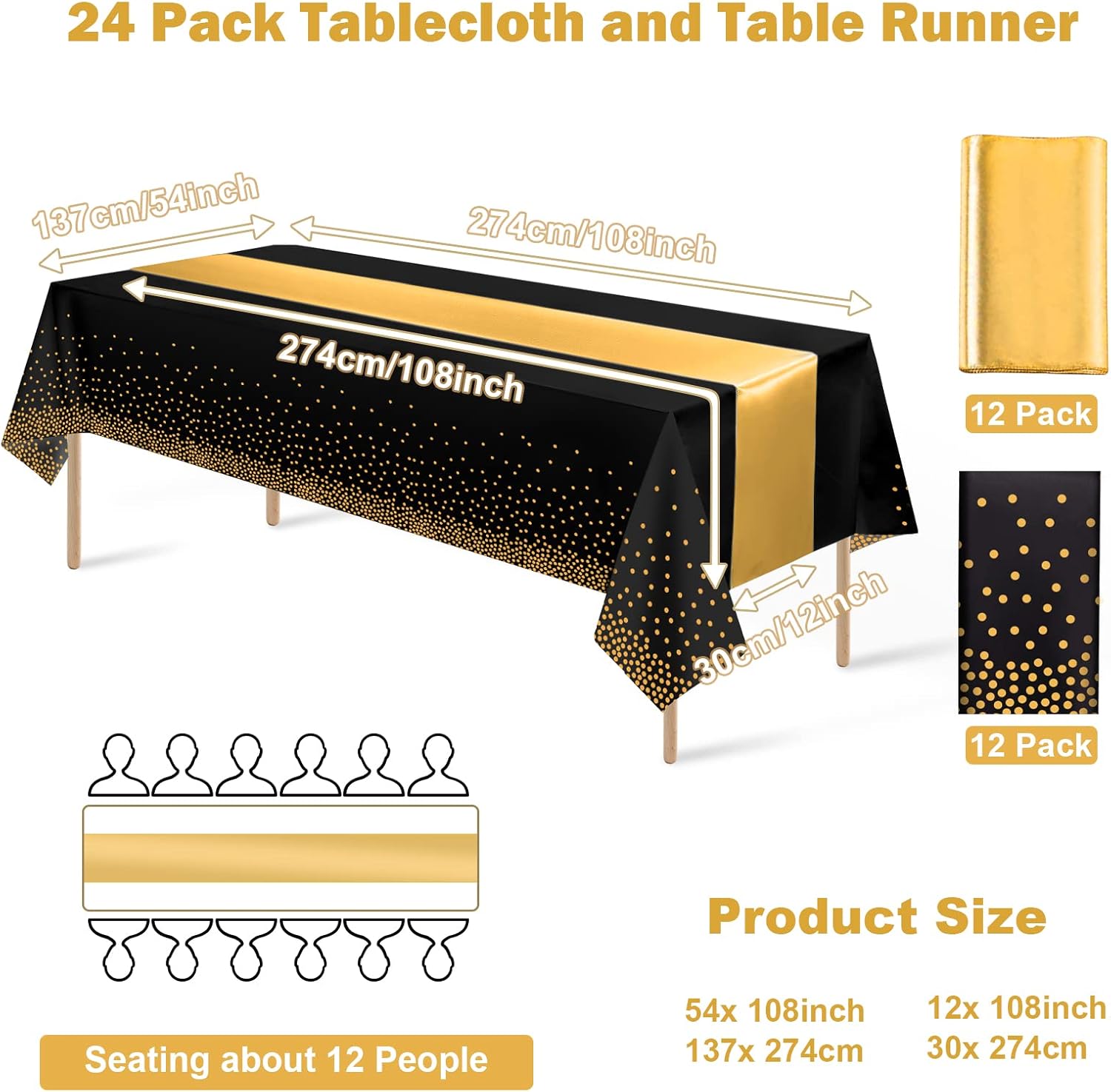 24Pack Black Gold Dot Tablecloths and Satin Table Runner Set