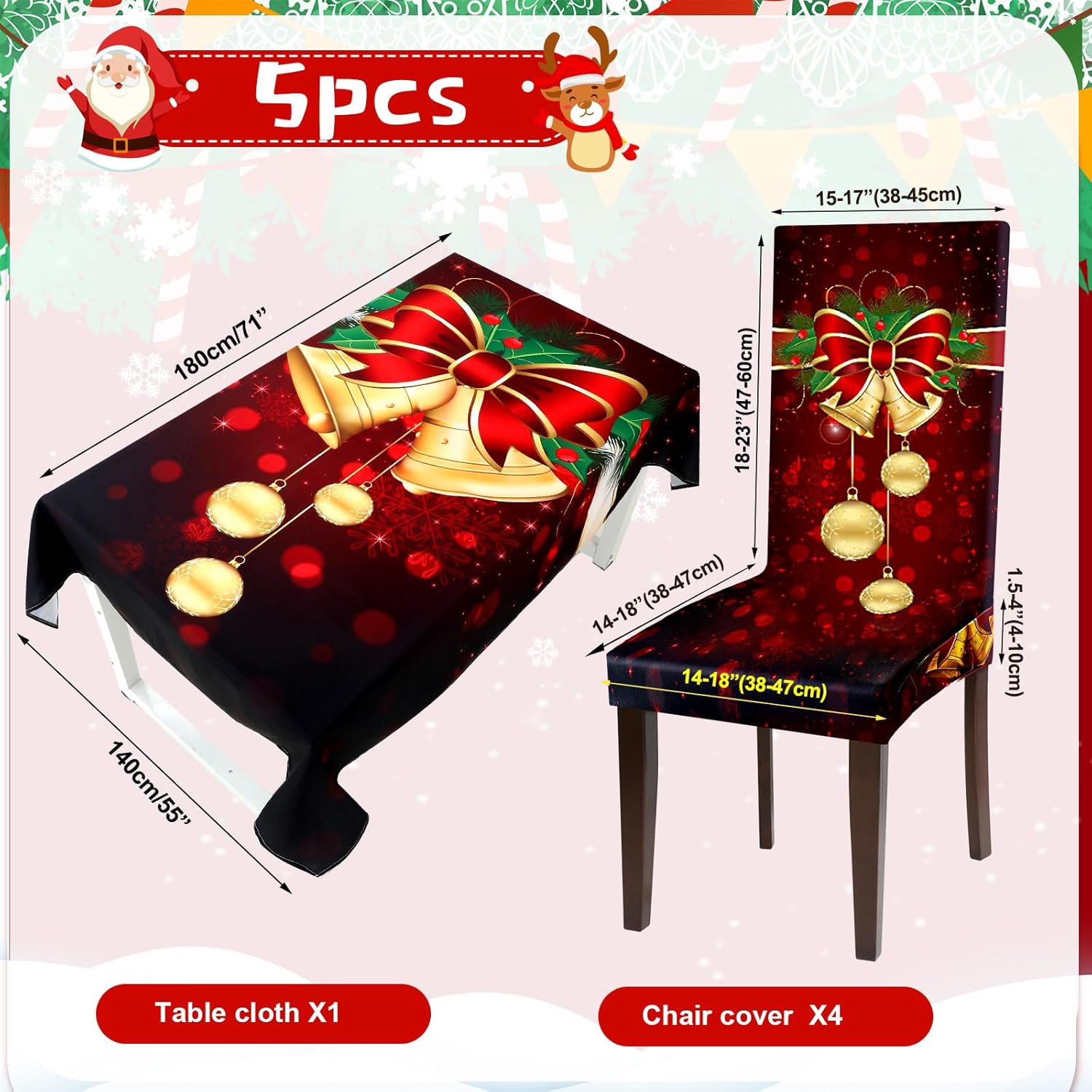 Moukeren 5pcs Christmas Tablecloth and Chair Covers Set
