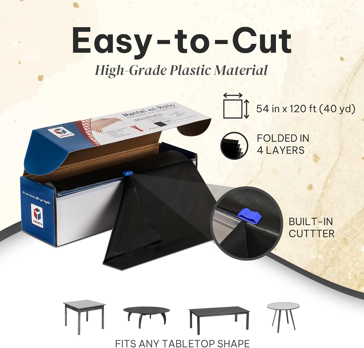 Amatra All-Purpose Plastic Table Cover Roll Black 54x120