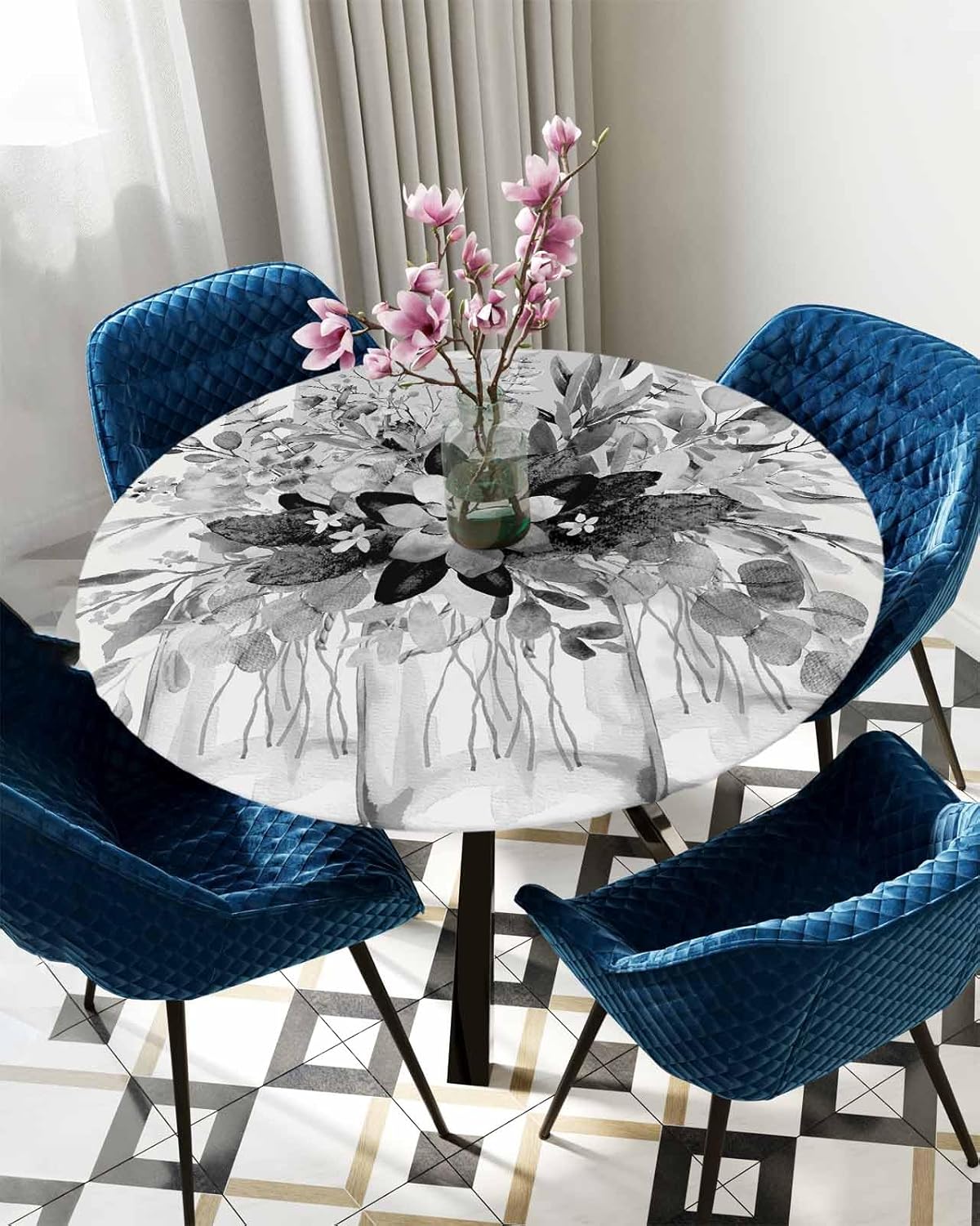 Gray White Eucalyptus Round Waterproof Table Cover 36-44 Inches