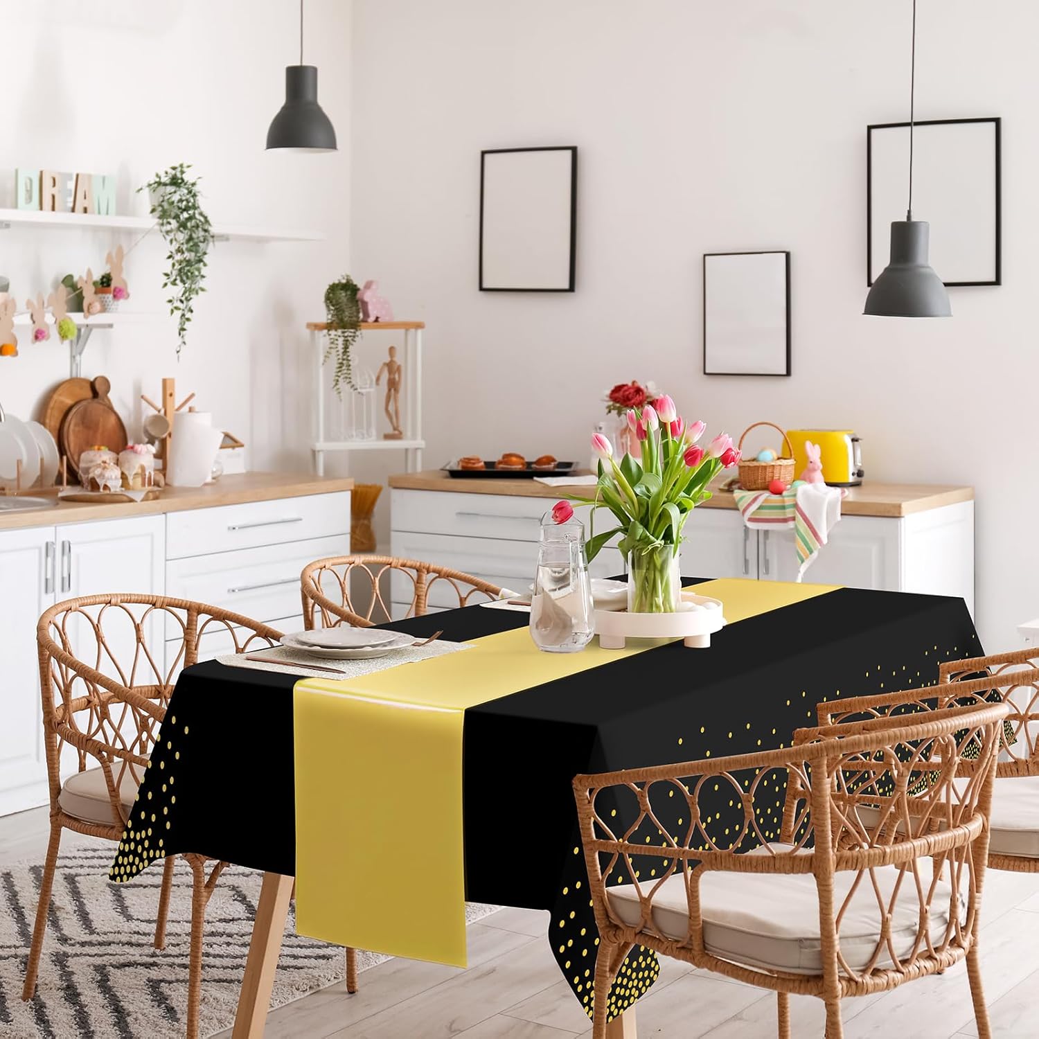 12 Pack Black and Gold Tablecloth and Runner Party Set