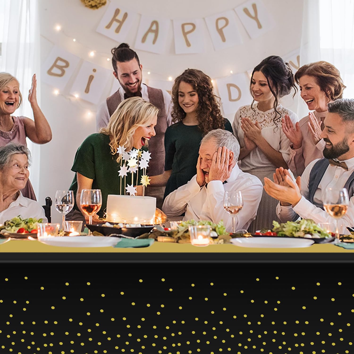 12 Pack Black and Gold Tablecloth and Runner Party Set