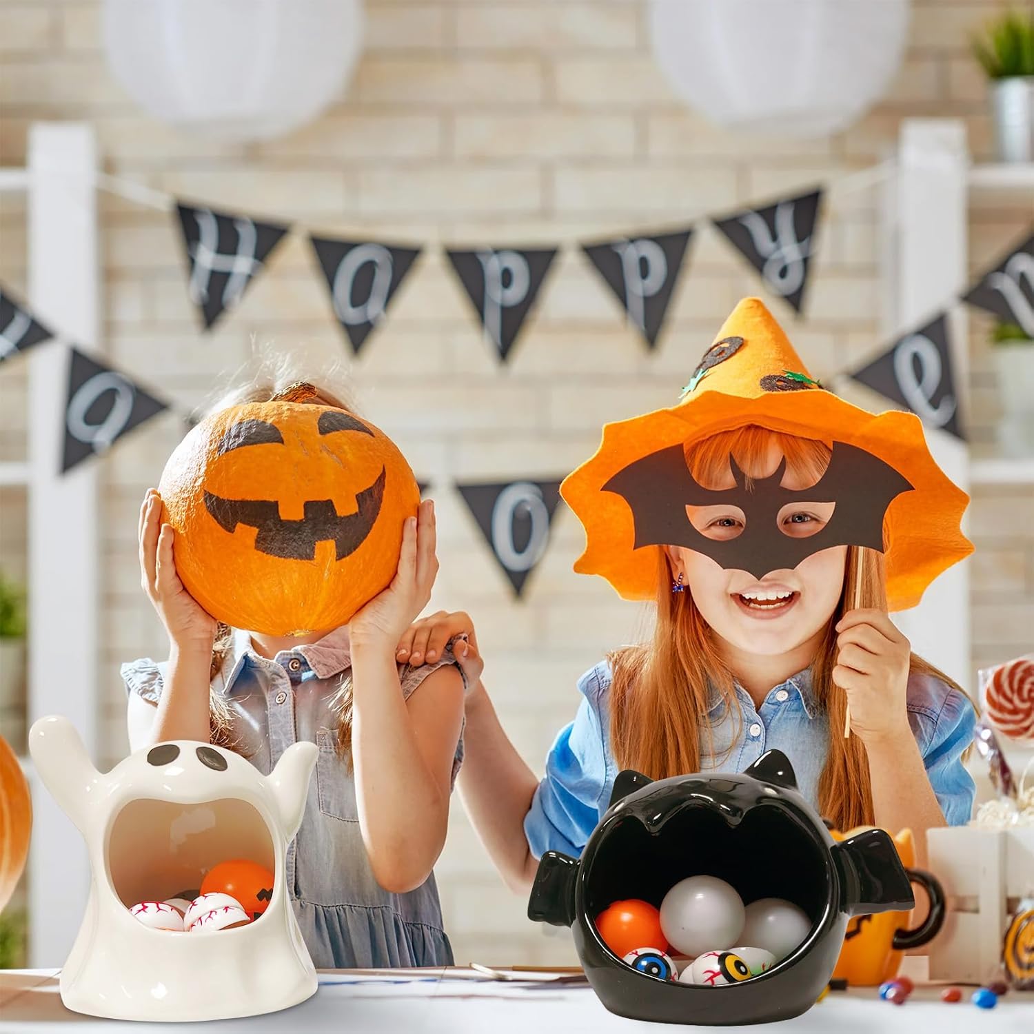 2 Pack Halloween Candy Bowls with Ghost and Bat Designs