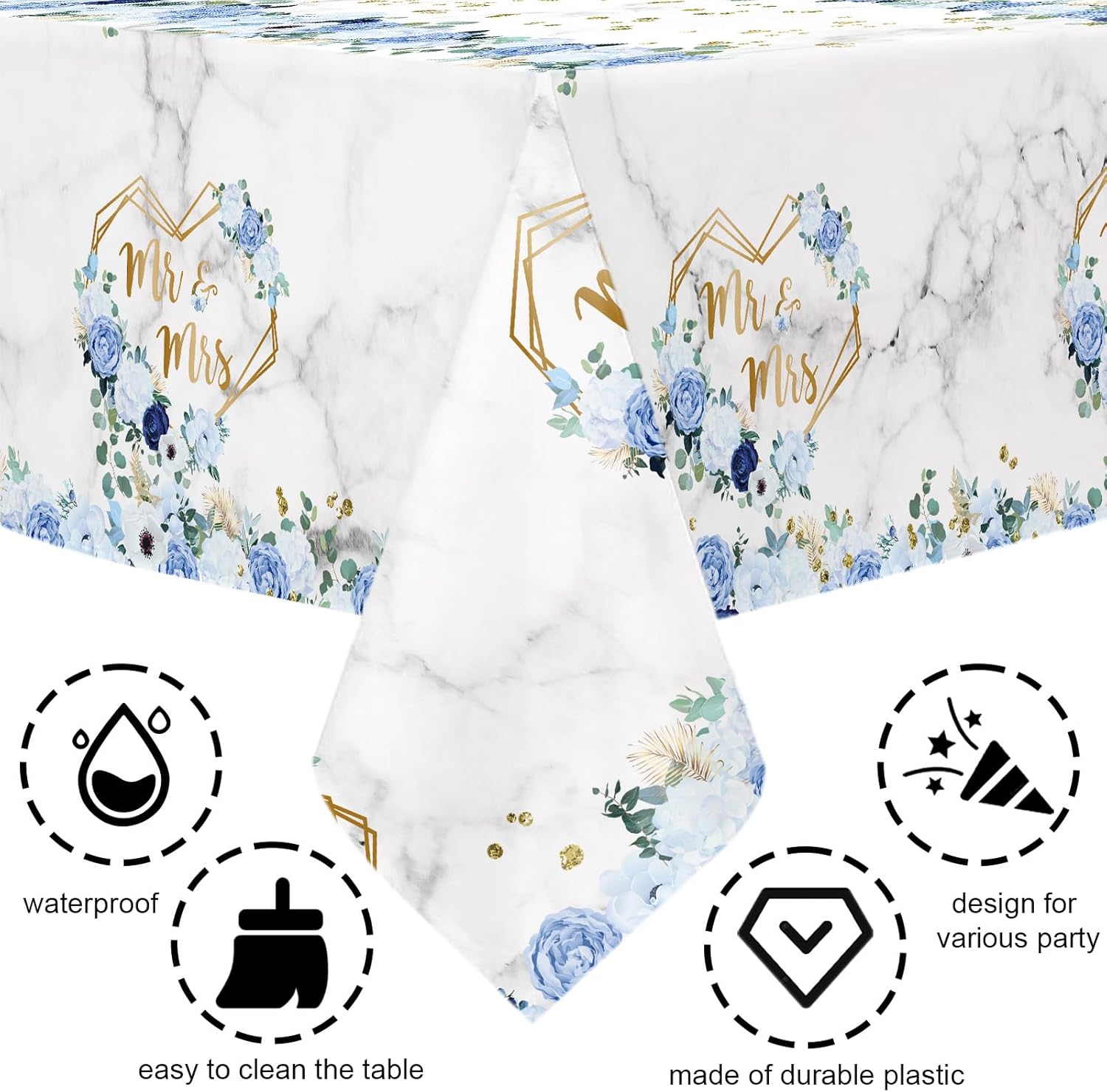 MEHOFOND 3pcs Blue Mr Mrs Tablecloths Floral Wedding Party Decor 108 x 54 Inch