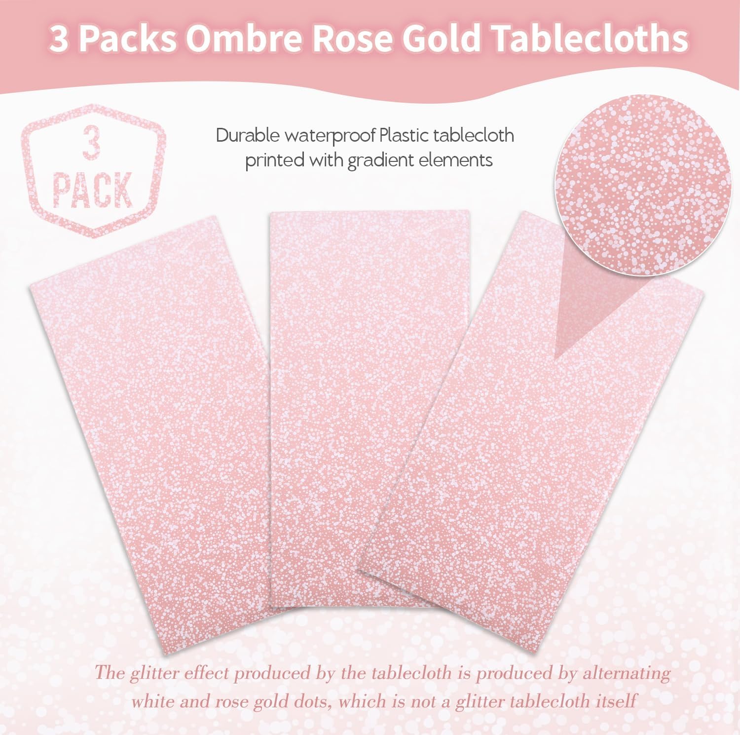 Kesfey 3 Pack Ombre Rose Gold Tablecloths 54x108 Inch
