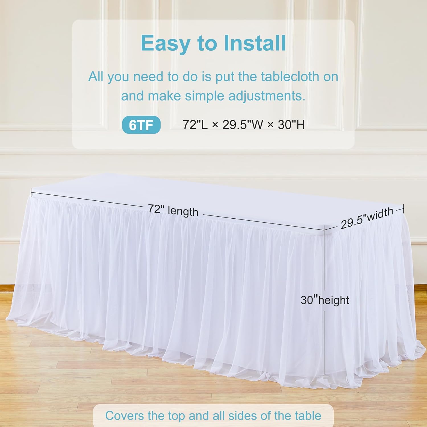 White Tulle Tablecloth with Skirt for 6 Foot Tables
