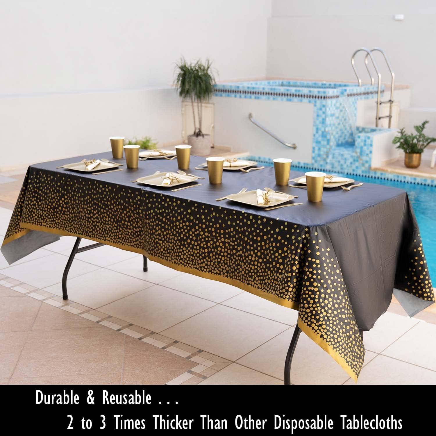 2 Pack Black and Gold Plastic Tablecloths Thick Durable Reusable