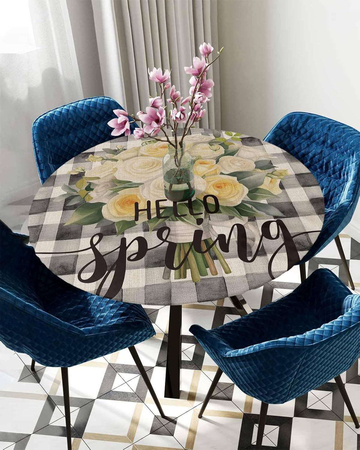 ZOE GARDEN Spring Rose Round Waterproof Table Cover Fitted Tablecloth