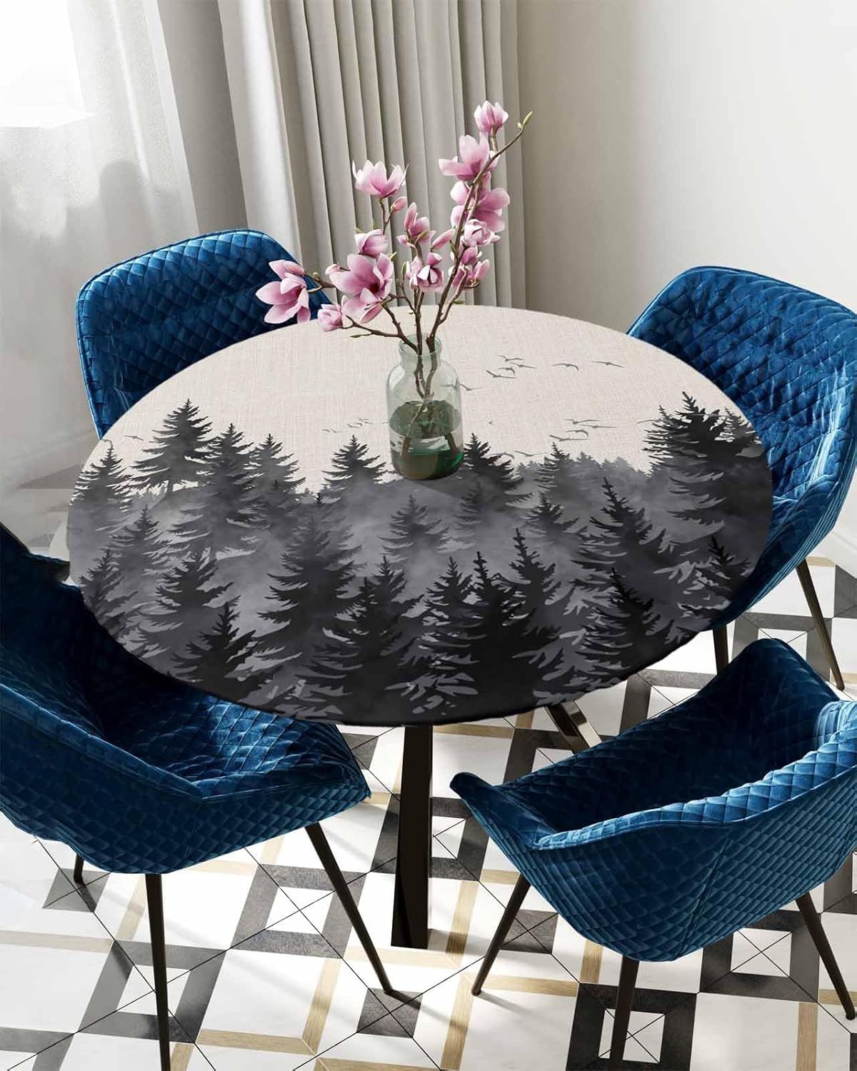 Forest Birds Round Waterproof Table Cover Fitted Elastic Tablecloth for Indoor Outdoor Use