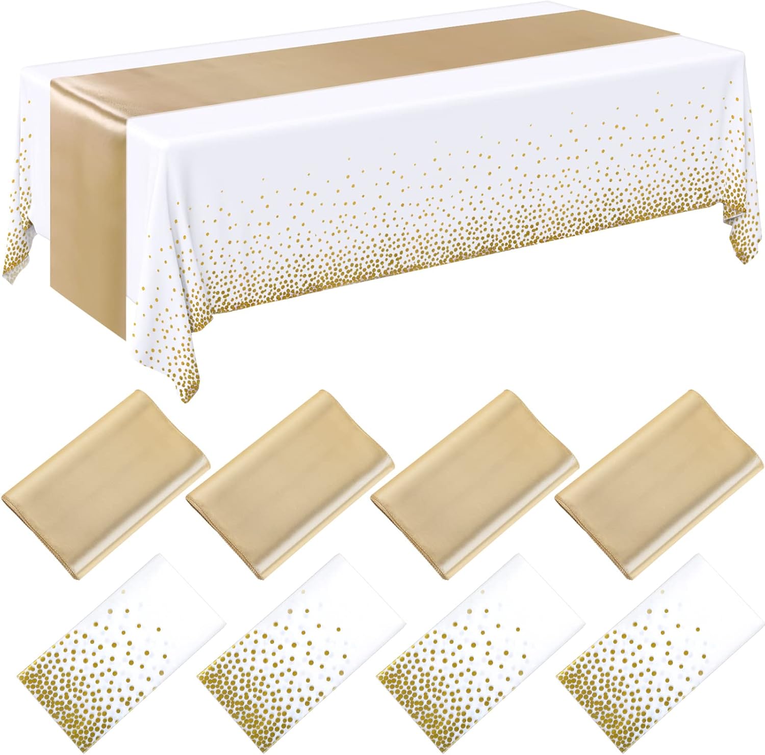 Breling 8 Pack White Gold Tablecloths and Satin Runner Set
