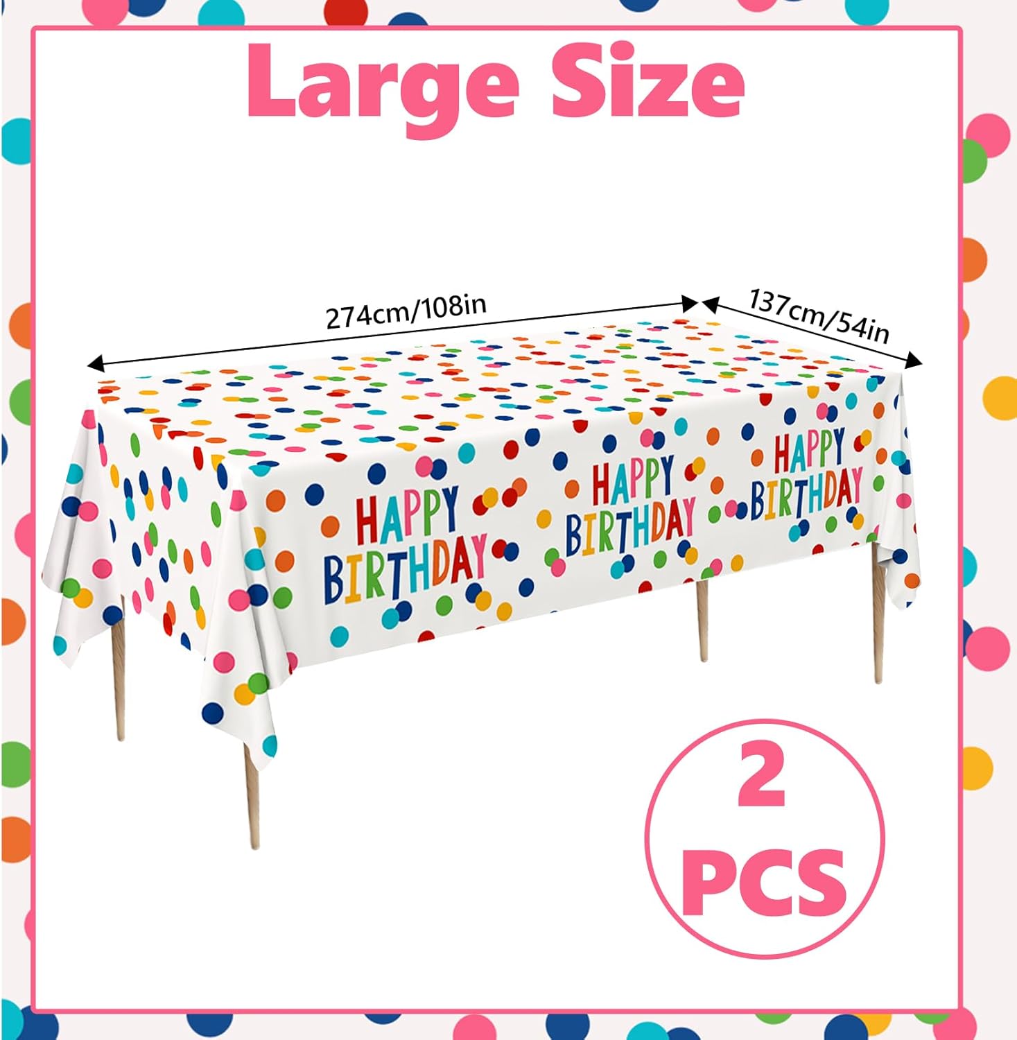 2Pack Happy Birthday Tablecloths for Party and Baby Shower Decoration 108x54 Inches