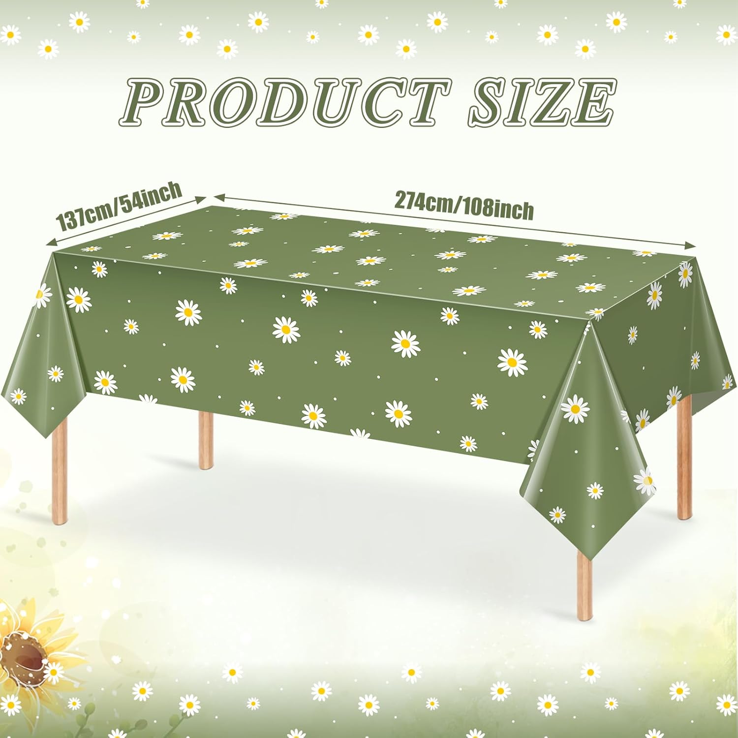 6 Pack Sage Green Daisy Tablecloths for Spring Party Decor