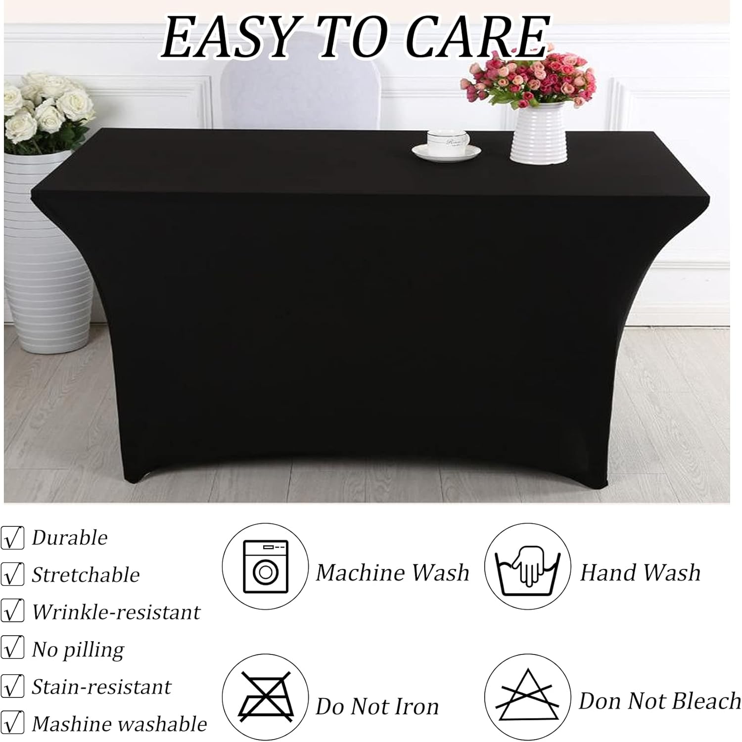 4 Pack 6 Foot Black Spandex Table Cloth for Folding Tables