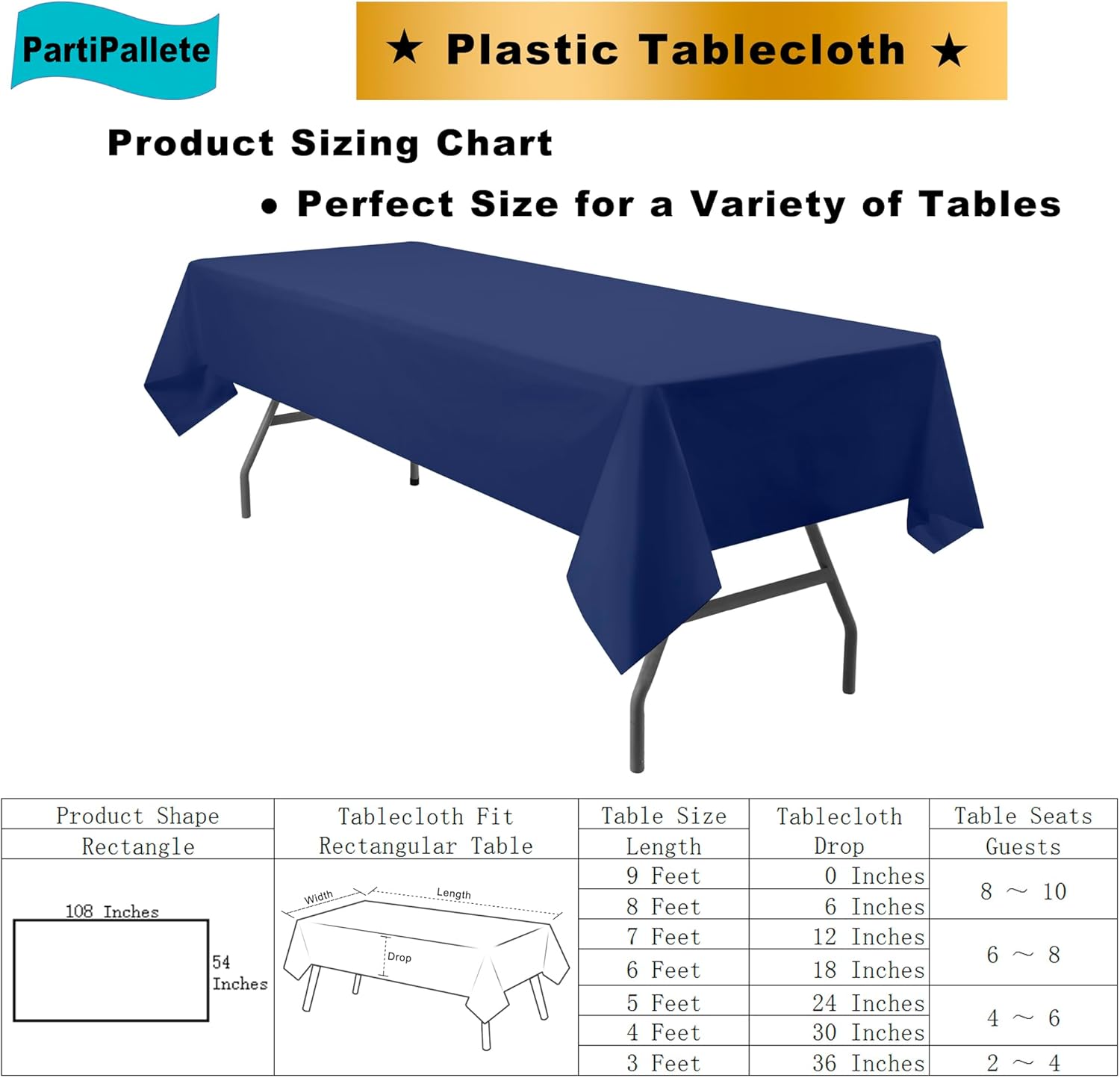 3-Pack Premium Plastic Navy Blue Tablecloths 54x108 Inch for Parties
