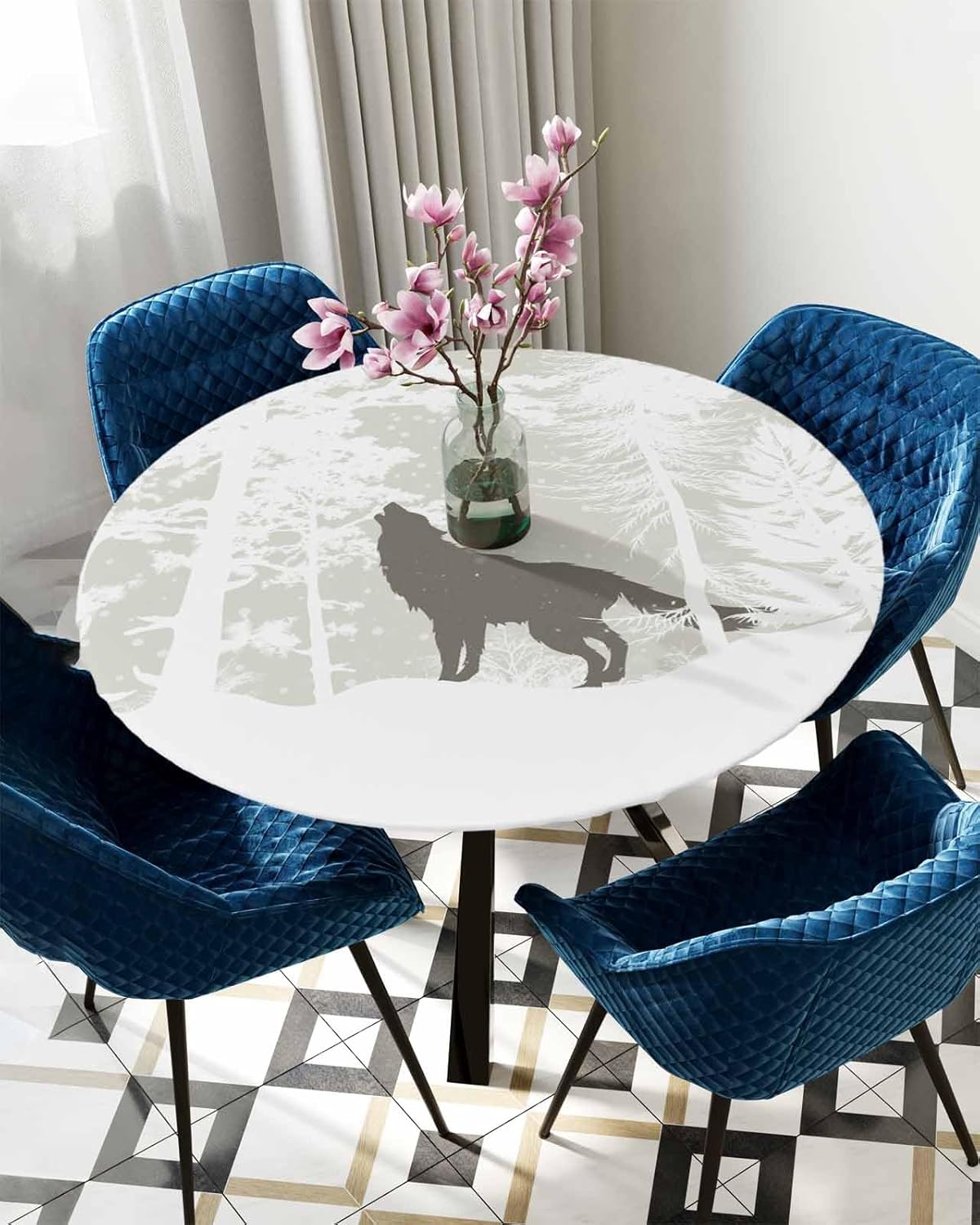 Winter Wolf Round Waterproof Table Cover Fitted Tablecloth 36-44 Inches