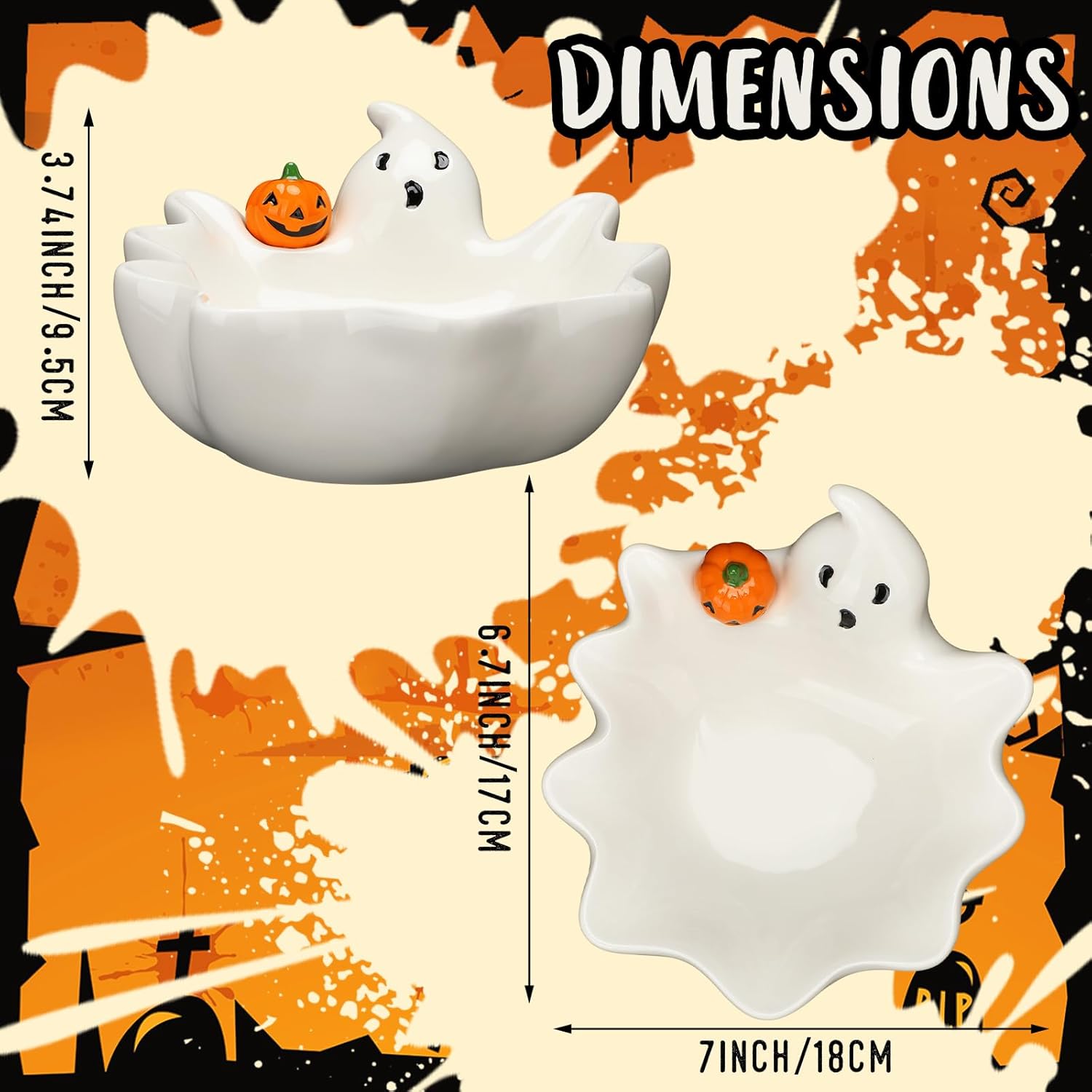 Vesici 7 Inch Halloween Candy Dish Holder Ceramic Ghost Bowl