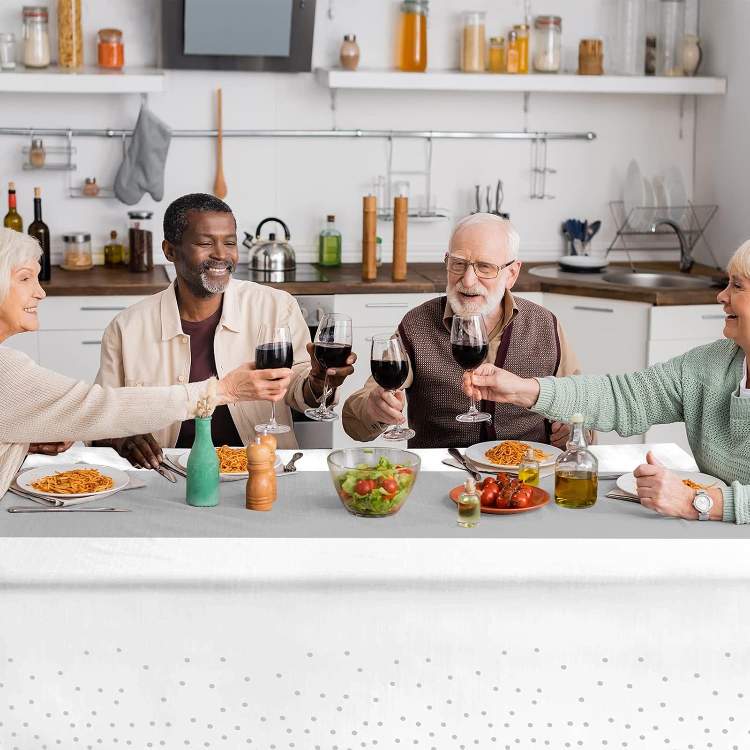 8Pack White and Silver Dot Tablecloths and Satin Table Runner Set for Occasions