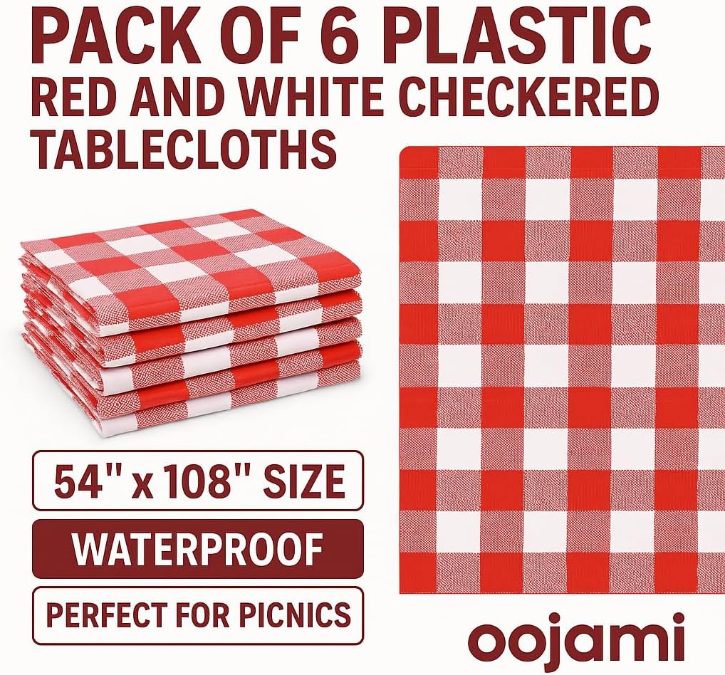 Oojami 6-Pack Red White Checkered Plastic Tablecloths