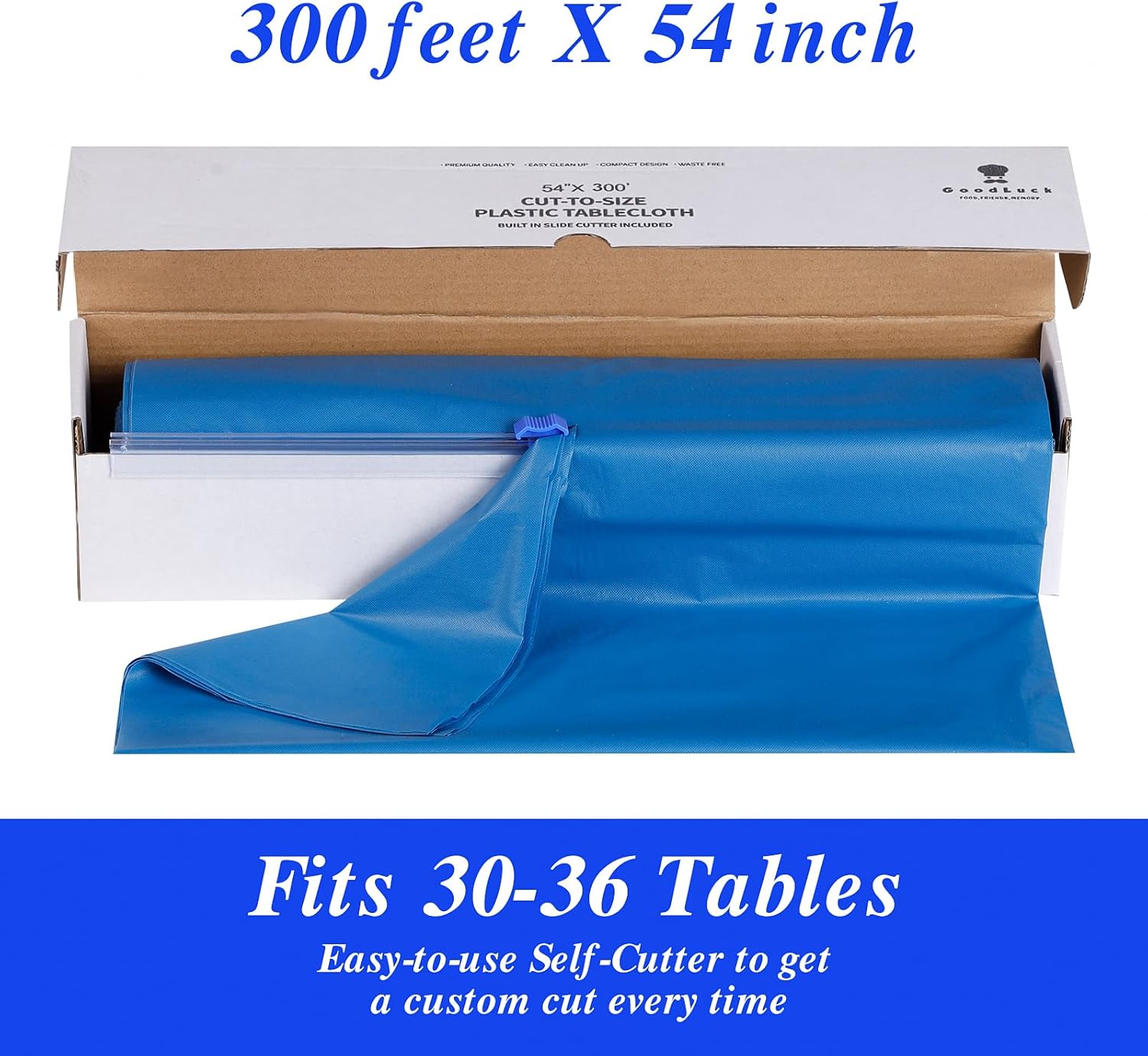Goodluck 54 Inch X 300 Feet Plastic Tablecloth with Cutter Box Blue Disposable Table Cover Roll