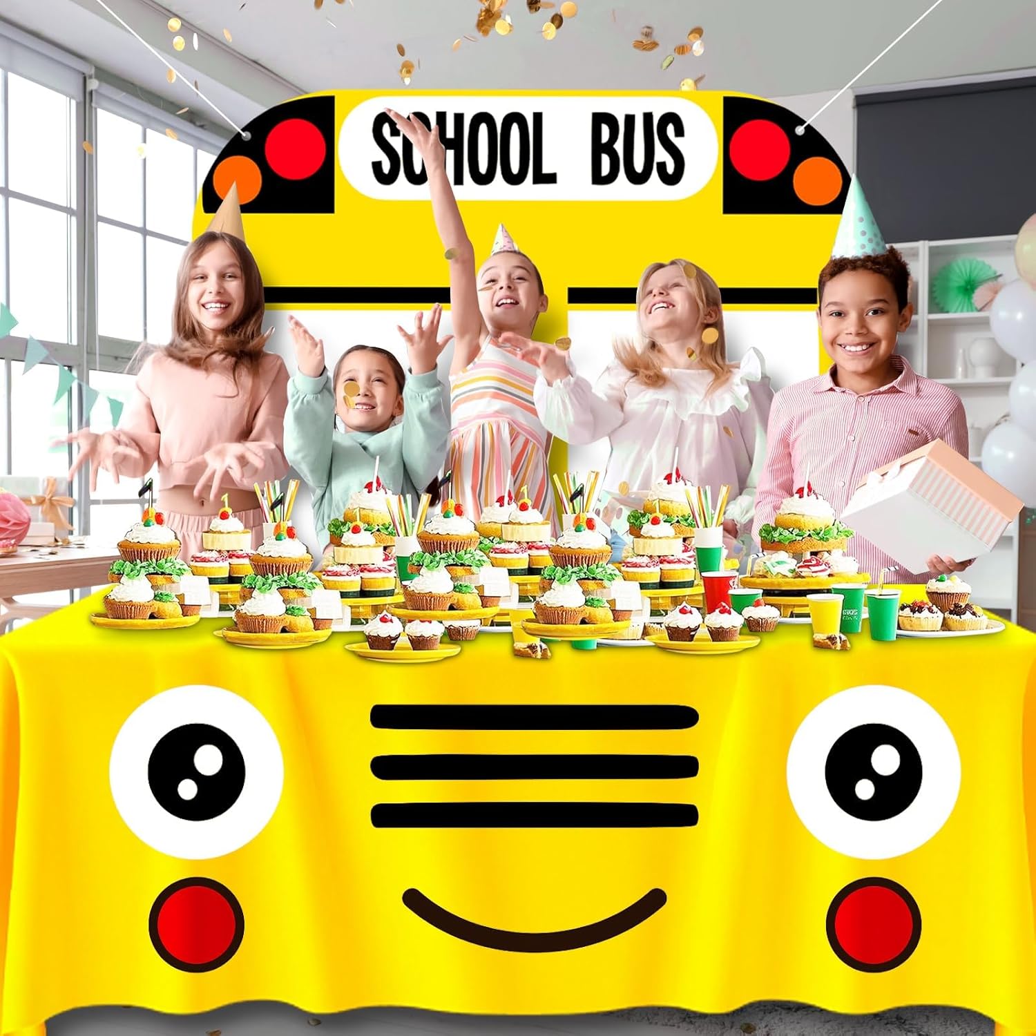 Cumule School Bus Themed Tablecloth and Backdrop Set