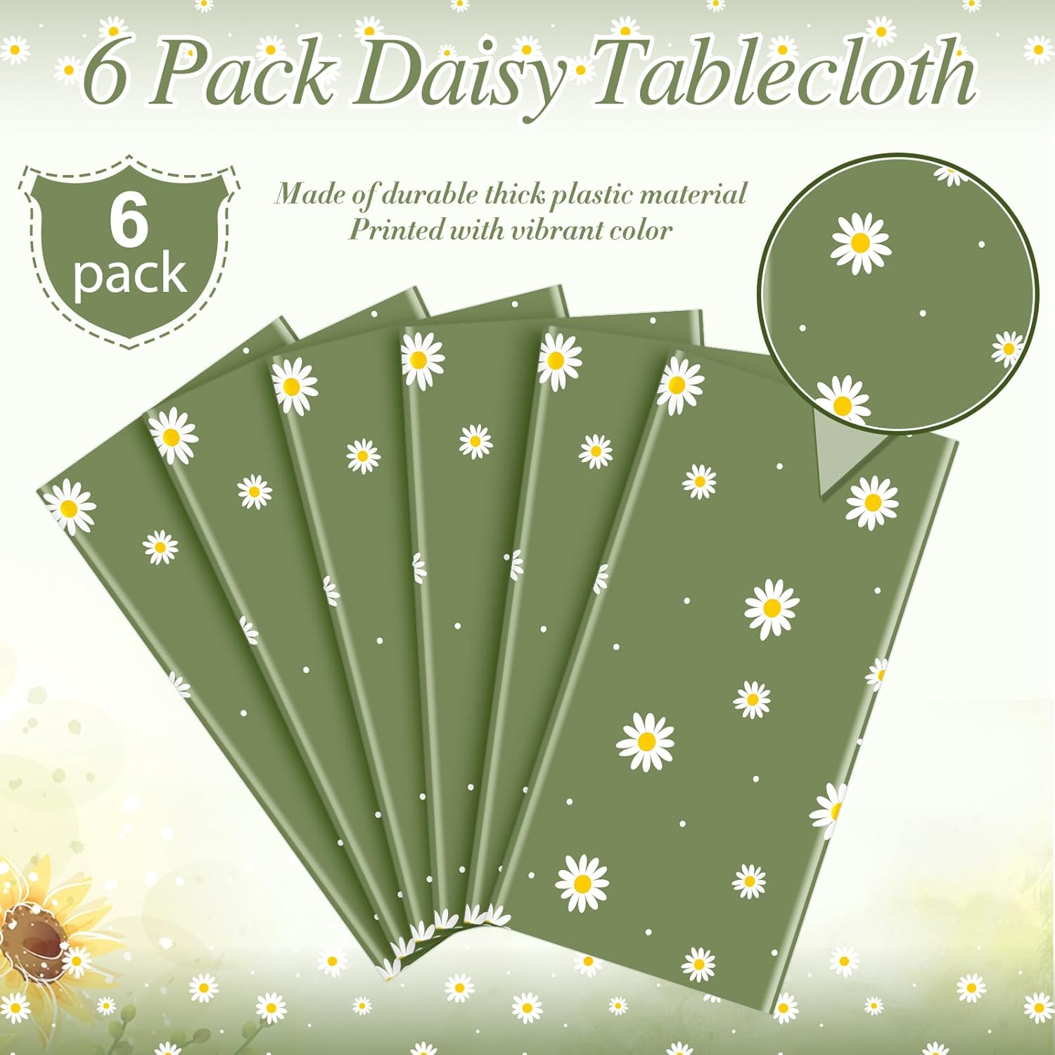 6 Pack Sage Green Daisy Tablecloths for Spring Party Decor