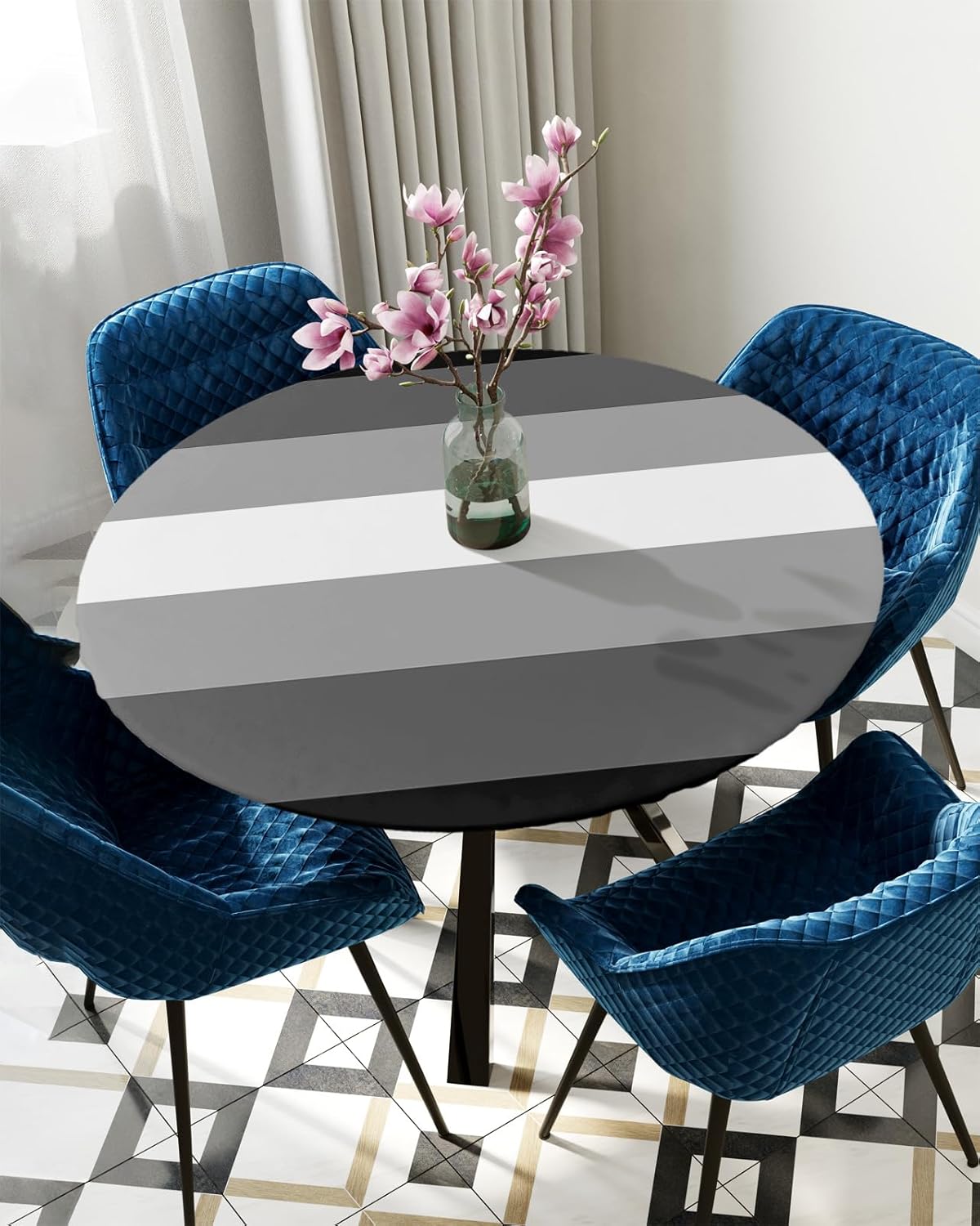 Black White Stripe Round Waterproof Table Cover Fitted Tablecloth