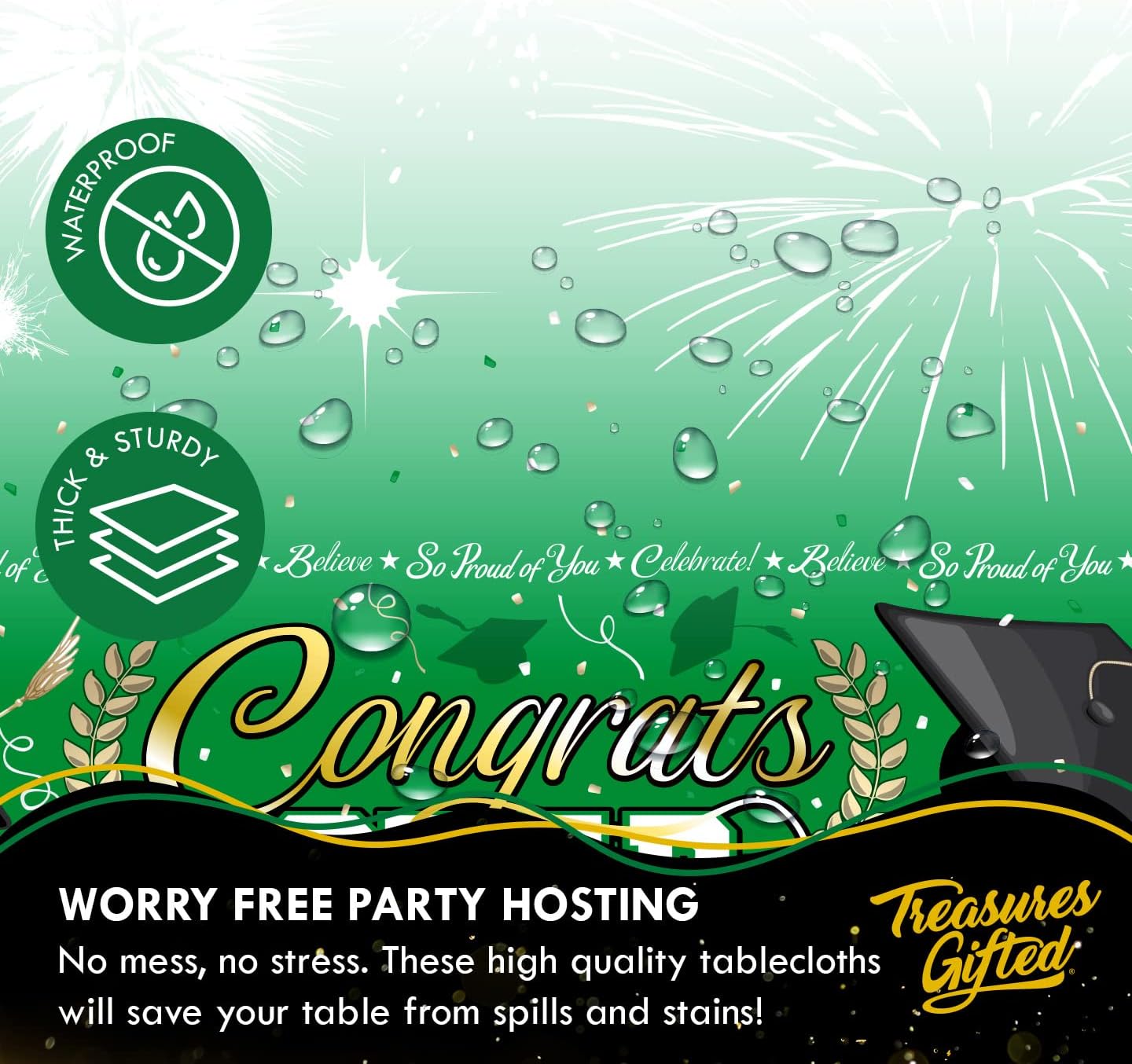 Treasures Gifted Green Graduation Tablecloths - 3 Pack 54 x 108 Inches