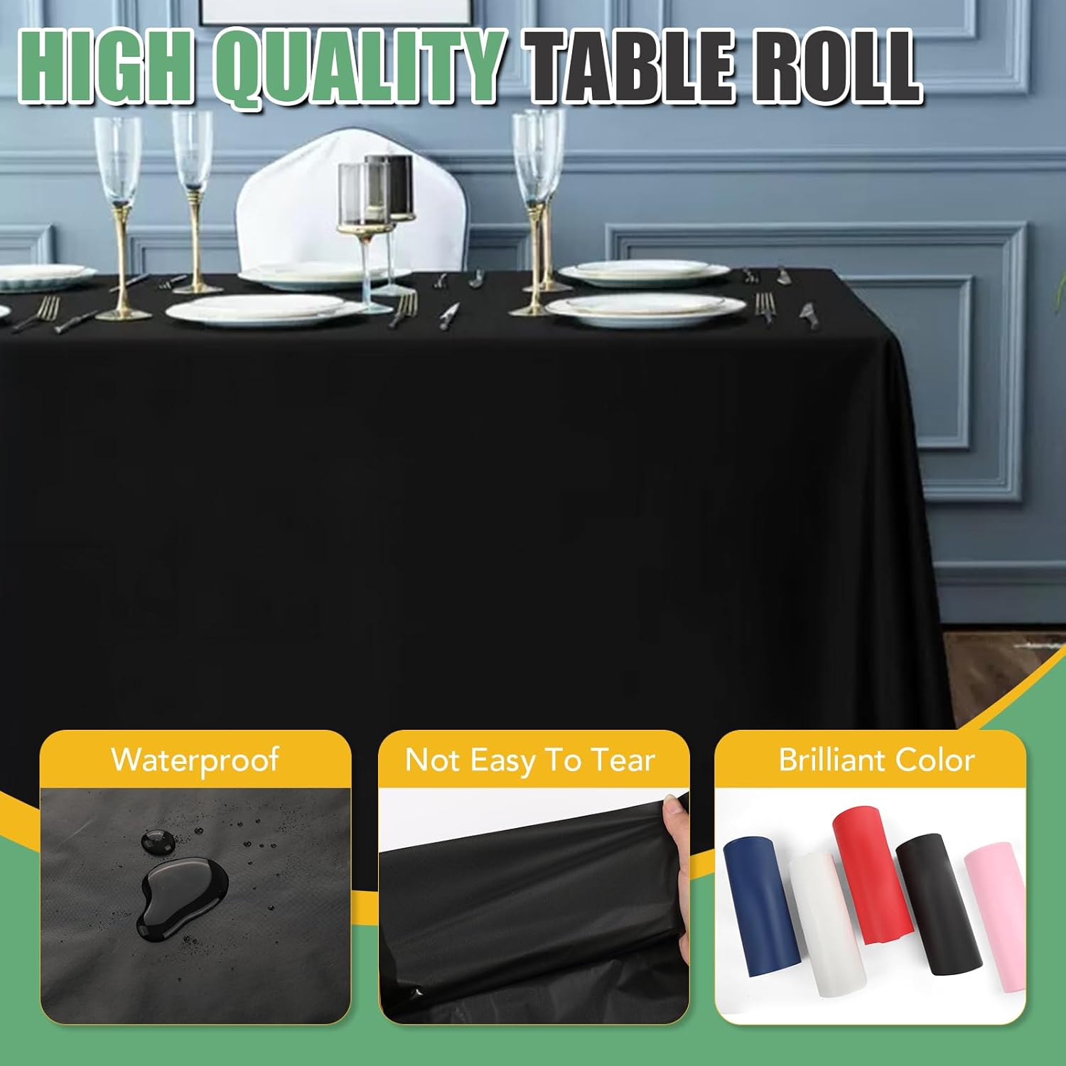 54 In X 300 Ft Black Plastic Table Cover Roll with Slide Cutter