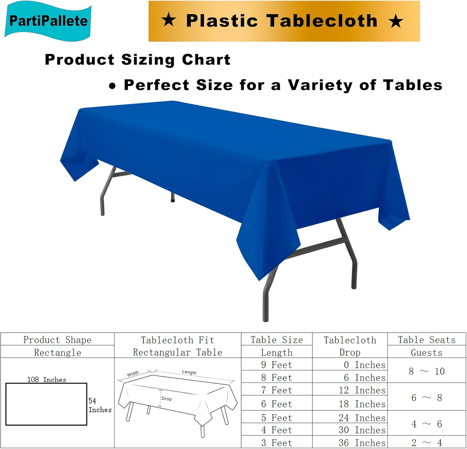 3-Pack Premium Plastic Royal Blue Tablecloths 54x108 Rectangle for Parties