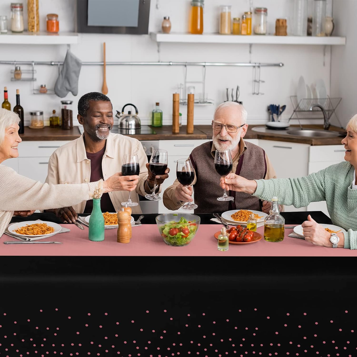 8 Pack Disposable Plastic Tablecloths and Satin Table Runner Set Black Rose Gold Dot Wedding Party Decor