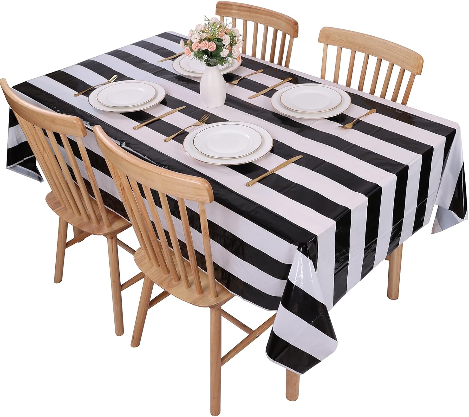 Kesfey 3 Pack Black White Vertical Striped Tablecloth 54x108 Inch Waterproof
