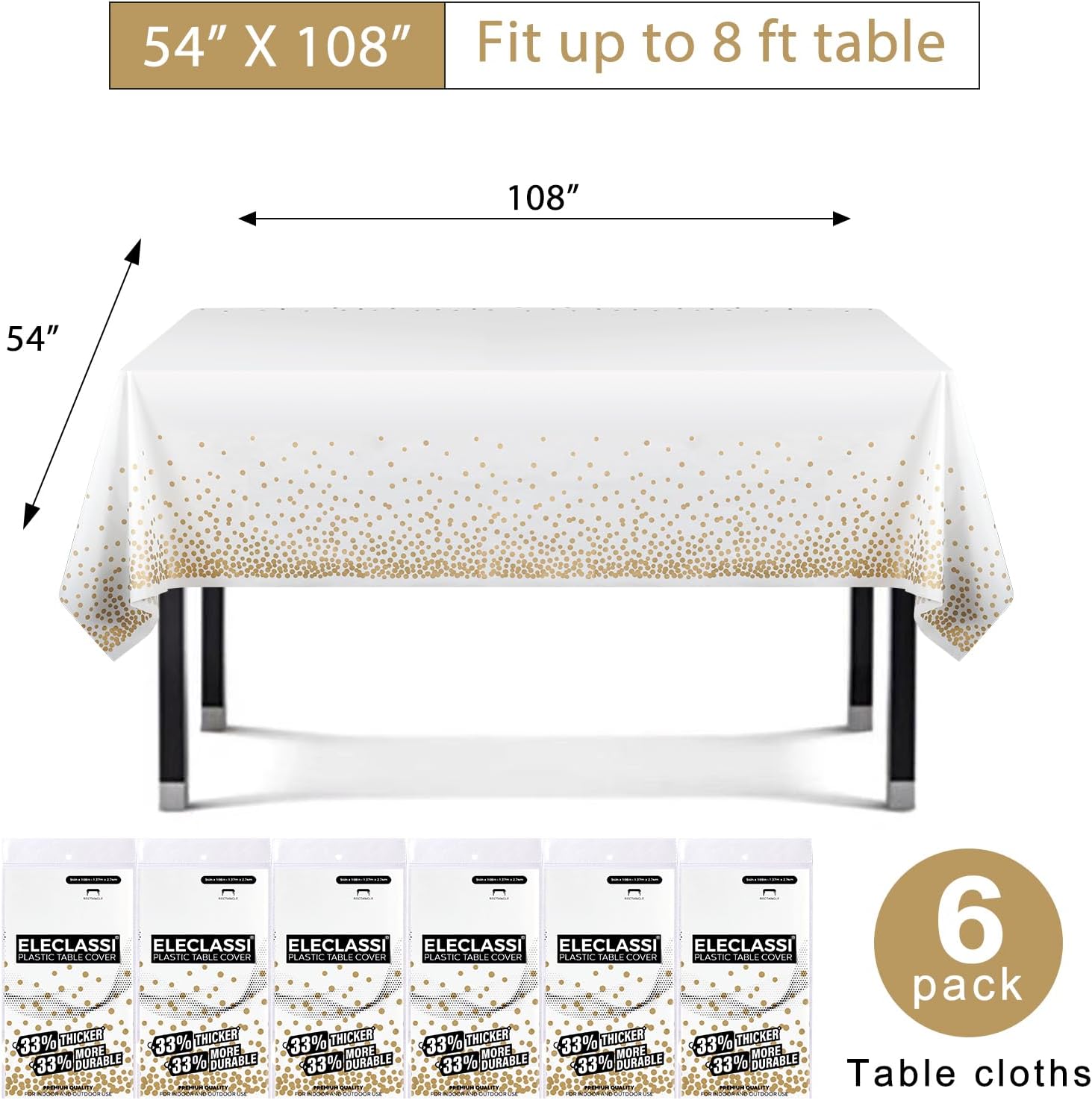 Eleclassi White and Gold Dot Tablecloths 6 Pack 54x108in