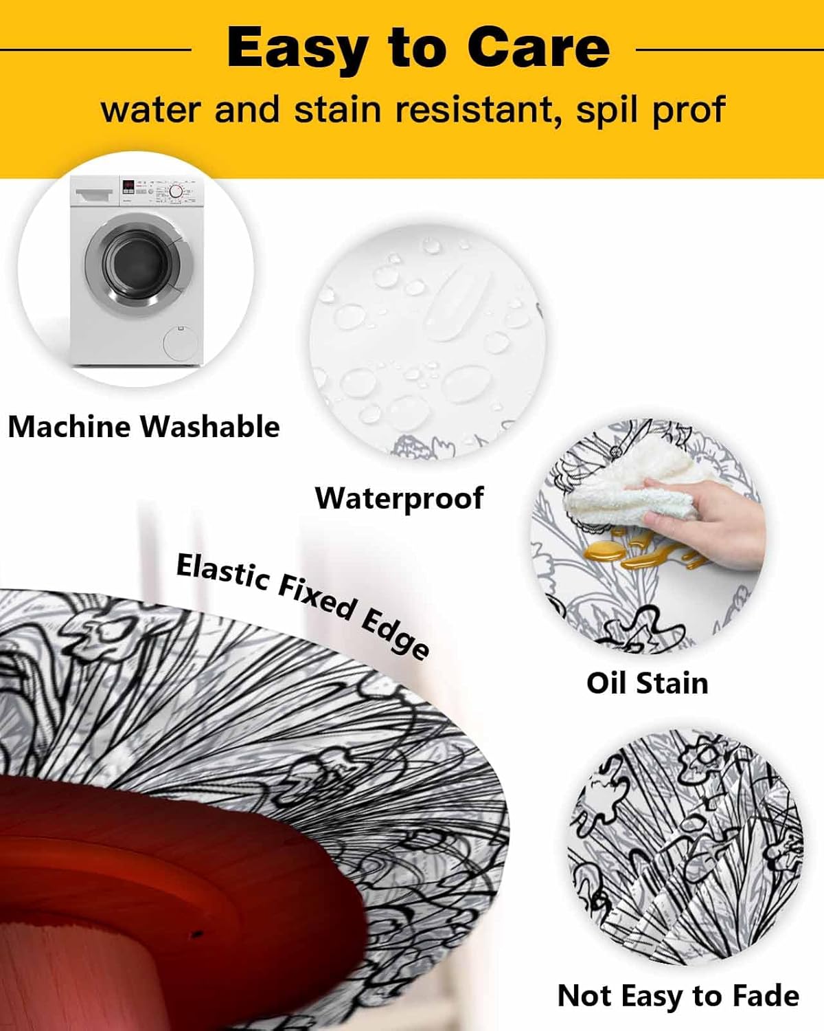 Gray White Floral Round Waterproof Table Cover 55-60 Inch Fitted Elastic Tablecloth for Indoor Outdoor Use