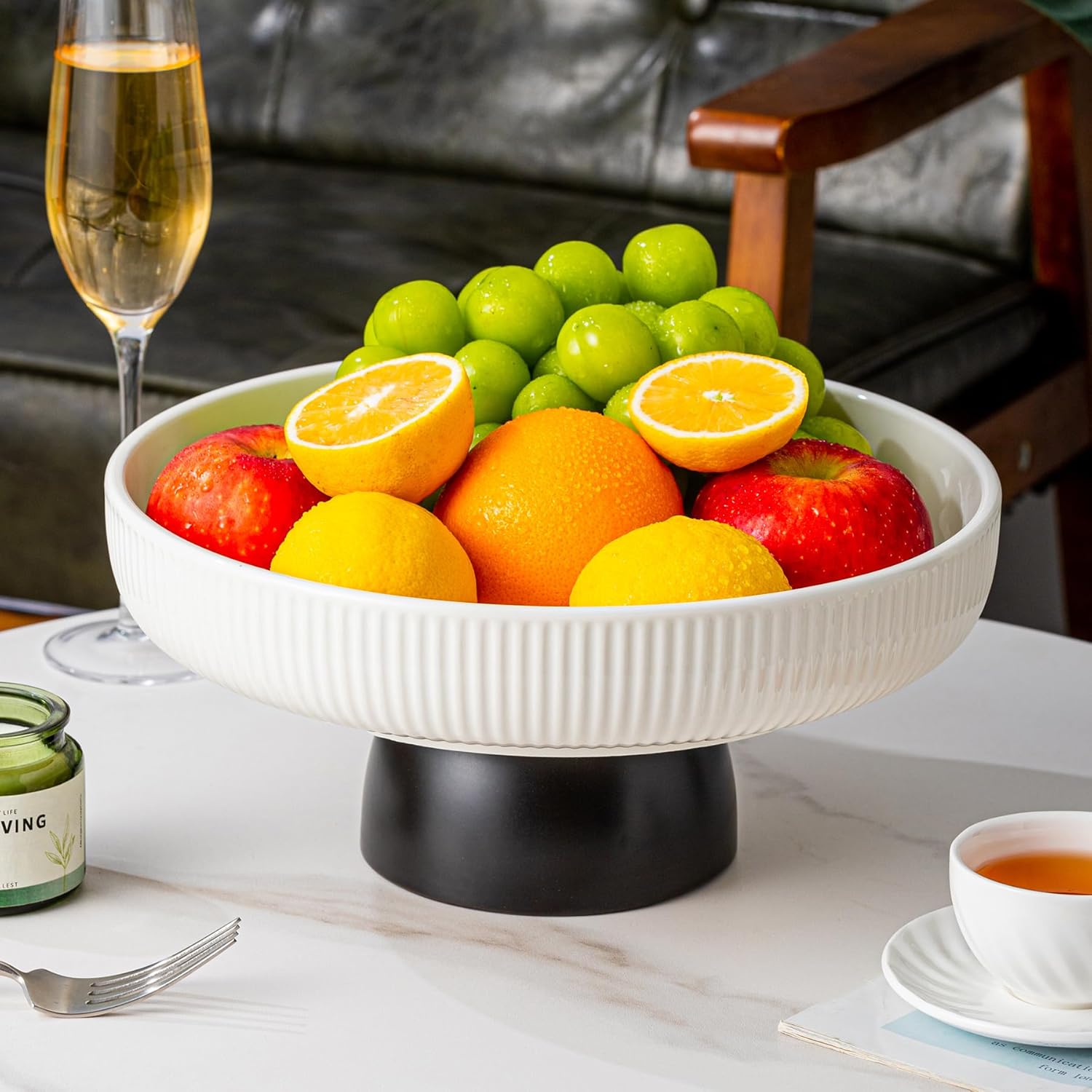 Ceramic Fruit Bowl 11-Inch White Tray with Black Base
