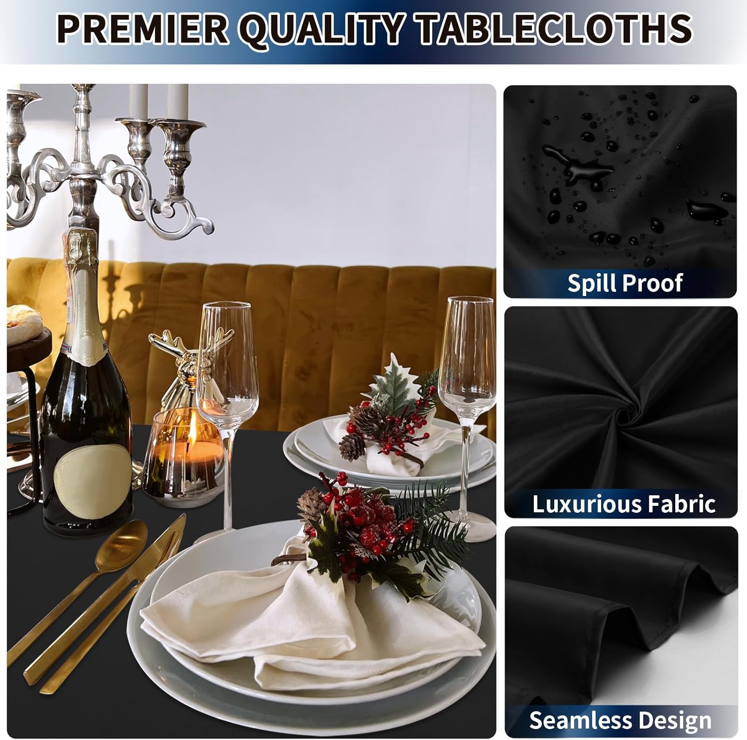 PureFit 6 Pack Black Rectangle Tablecloths 60x102 Inch for 6ft Tables
