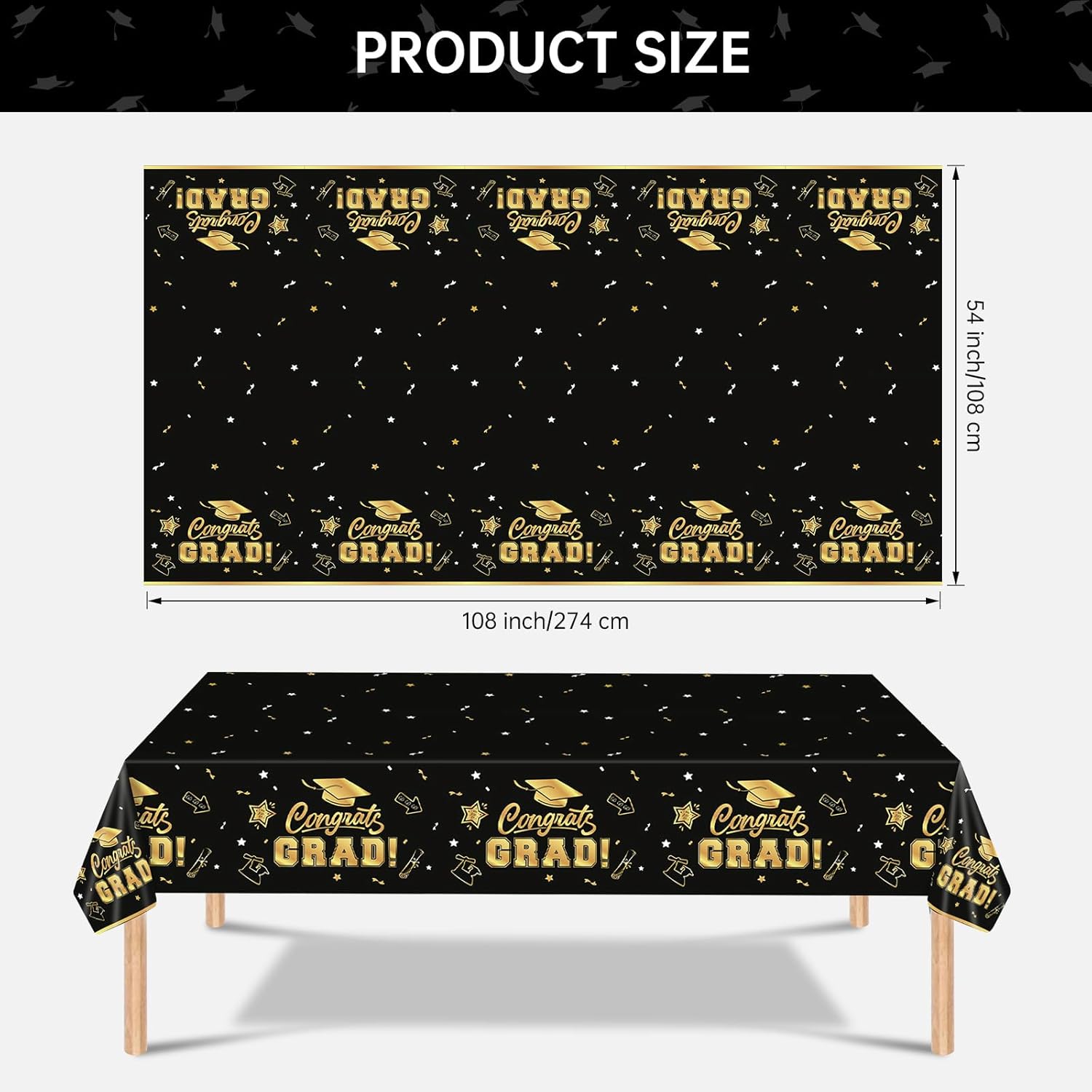 2 Pack Graduation Tablecloths - Black Gold Class of 2025 Decorations