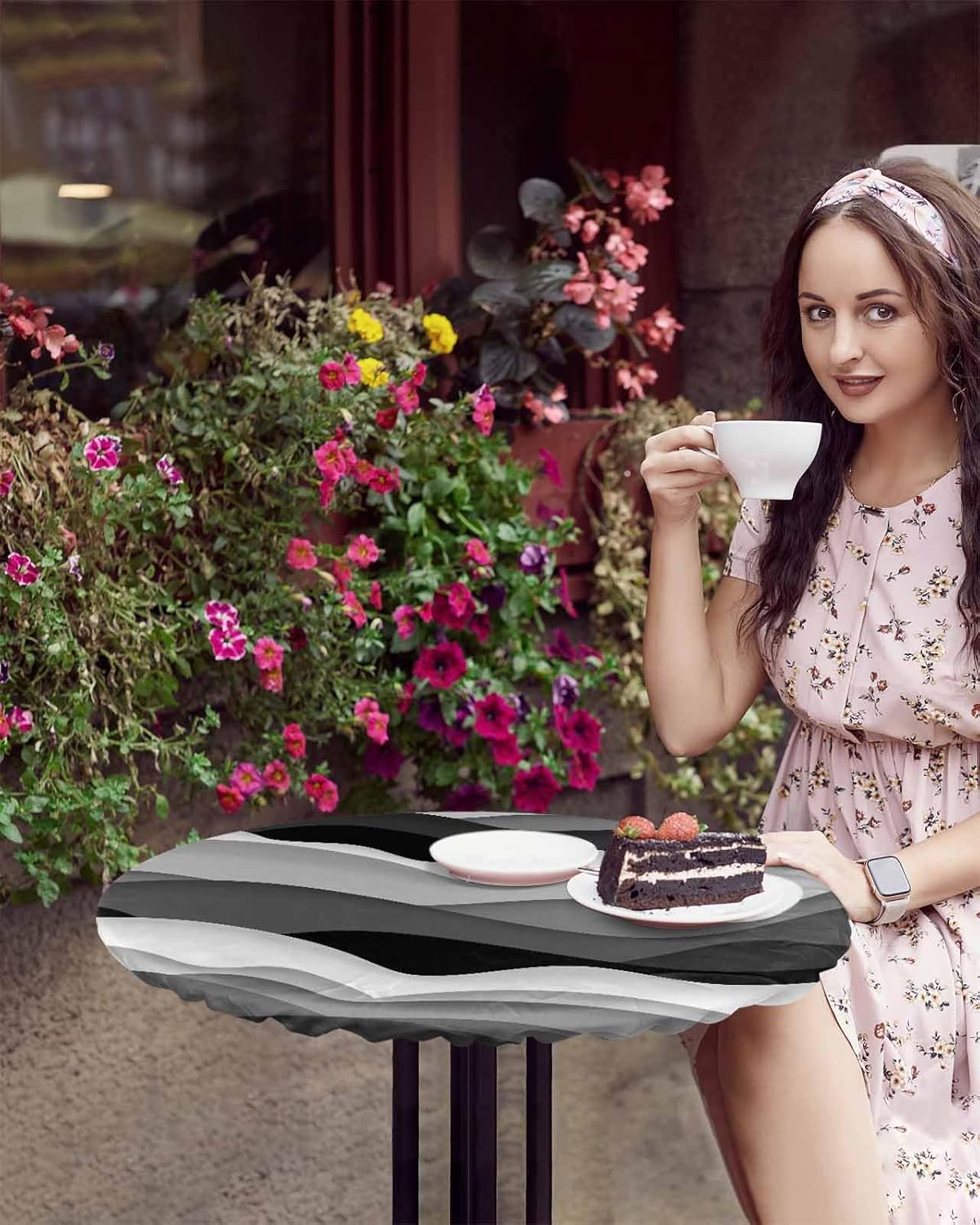 Black Grey Round Waterproof Table Cover with Elastic