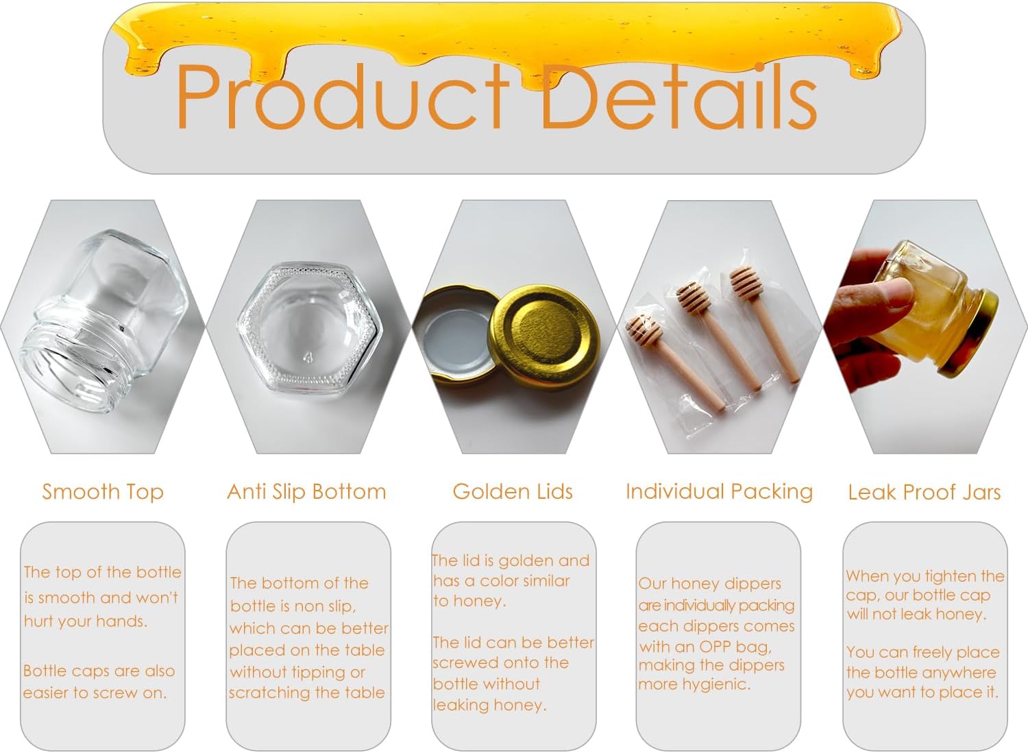 Adabocute Honey Pot 2oz Mini Glass Jars with Wood Dipper Gold Lid Bee Pendants Beige Gift Bags 15 Pack